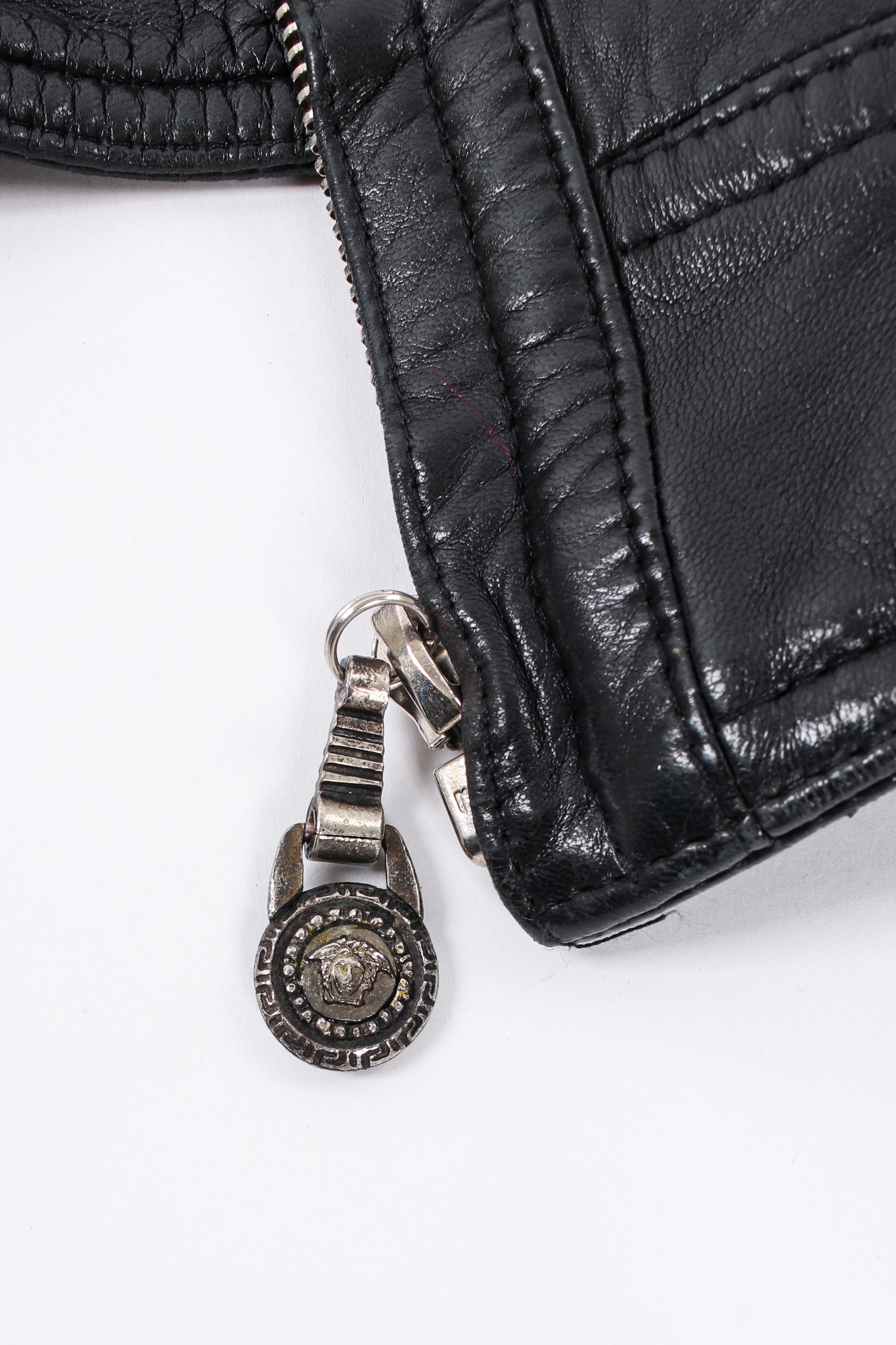 Vintage Gianni Versace Leather Bomber Jacket zipper pull close up  @ Recess LA