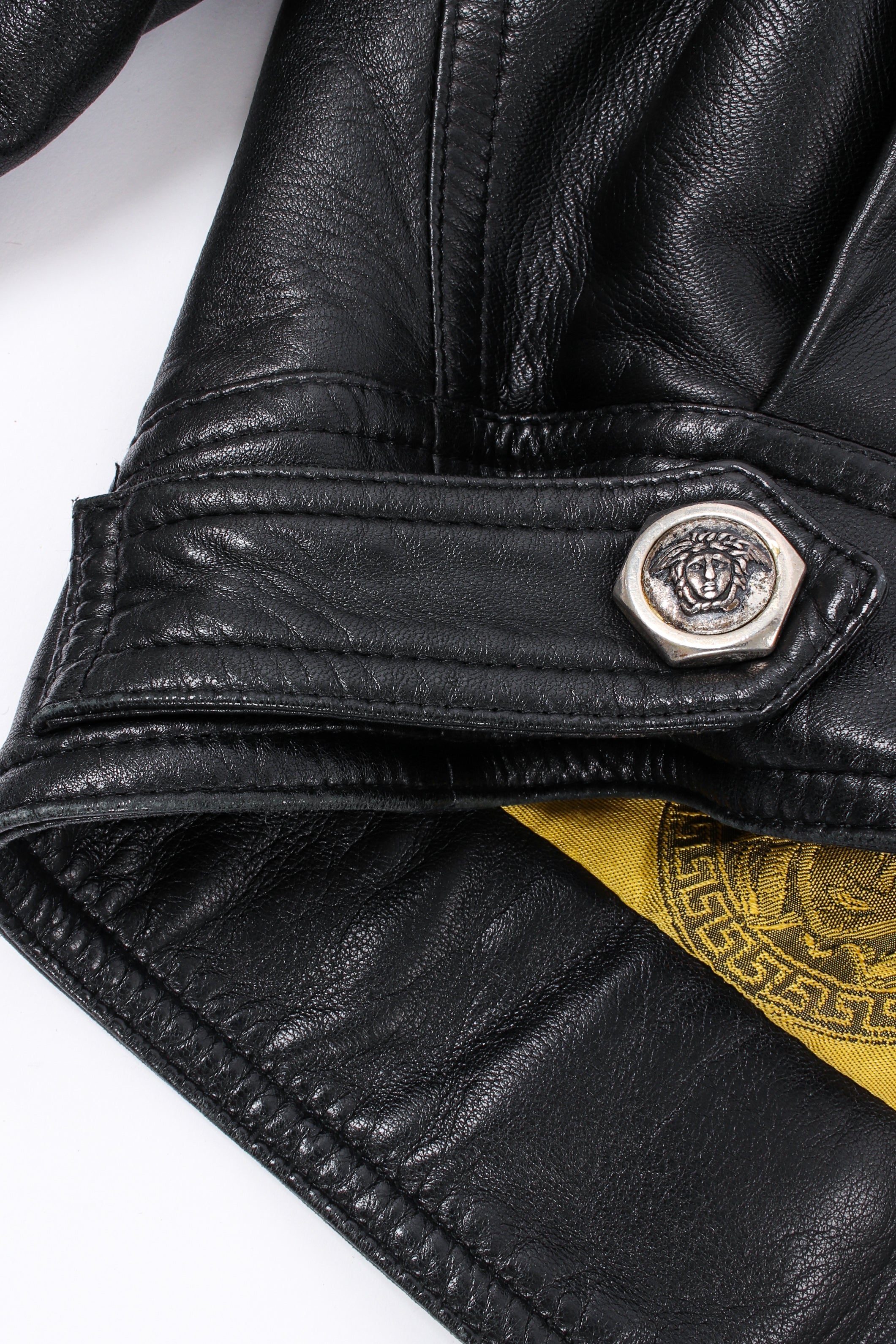 Vintage Gianni Versace Leather Bomber Jacket back hip snap button @ Recess LA