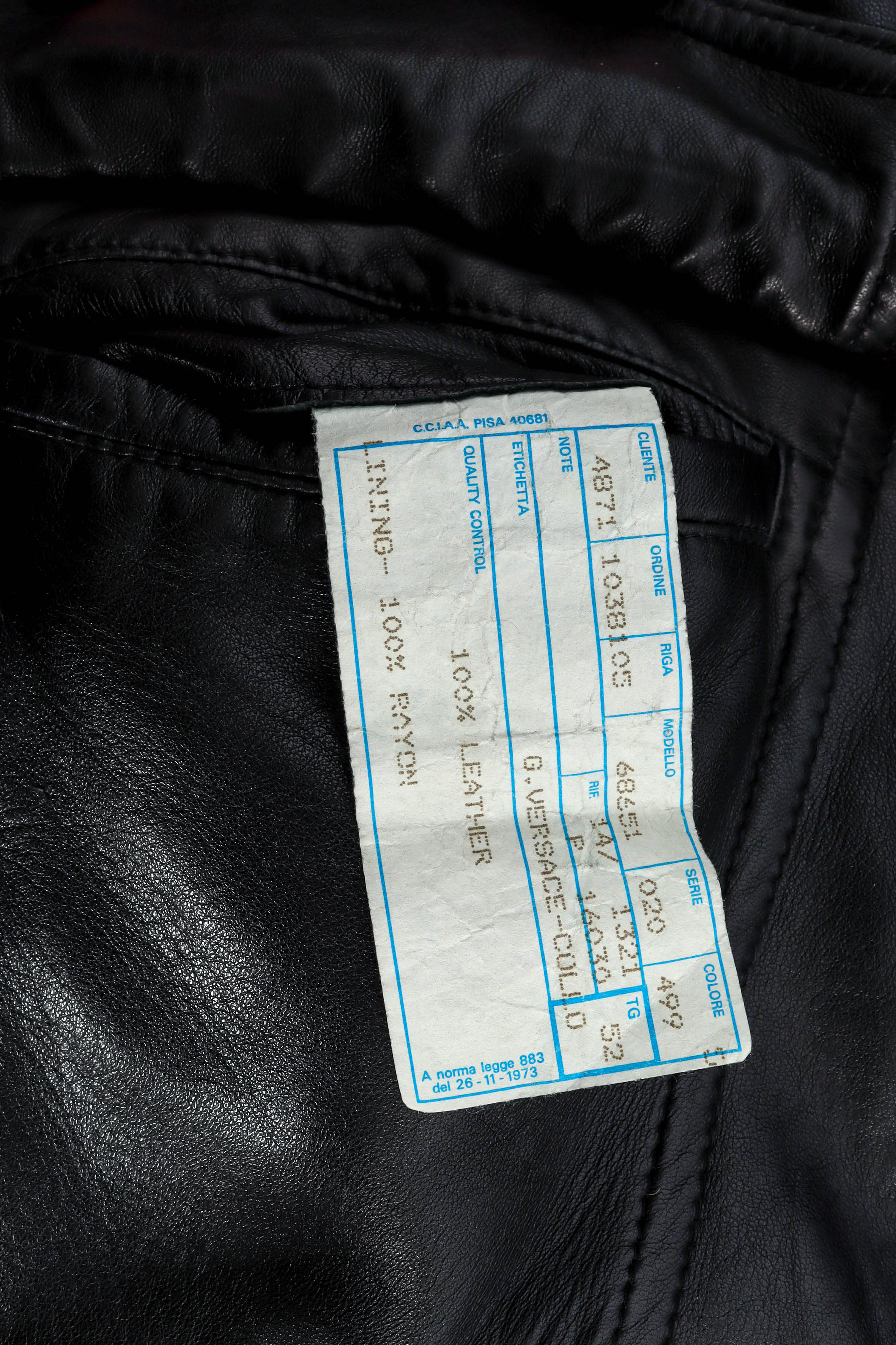 Vintage Gianni Versace Leather Bomber Jacket fabric content/serial tag  @ Recess LA