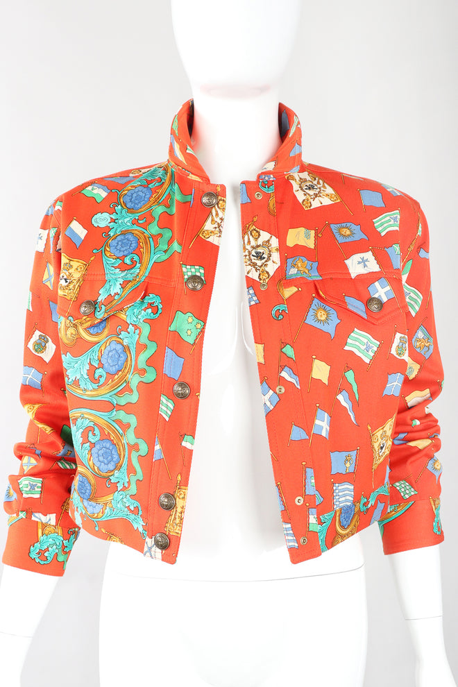 Recess Designer Consignment Vintage Gianni Versace Baroque Flag Print Twill Jean Jacket Los Angeles Resale