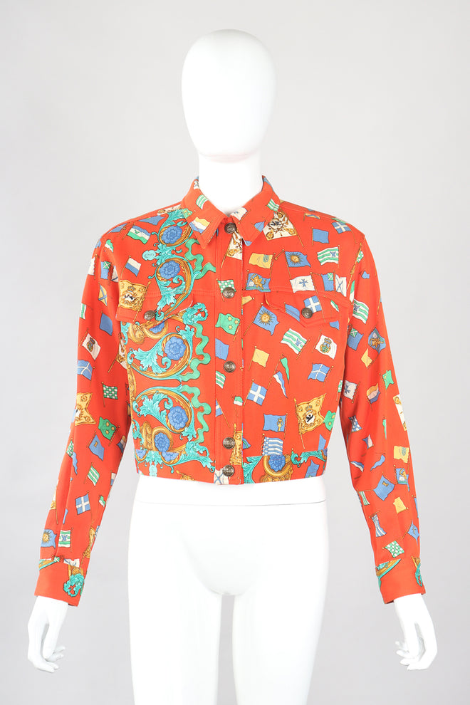 Recess Designer Consignment Vintage Gianni Versace Baroque Flag Print Twill Jean Jacket Los Angeles Resale