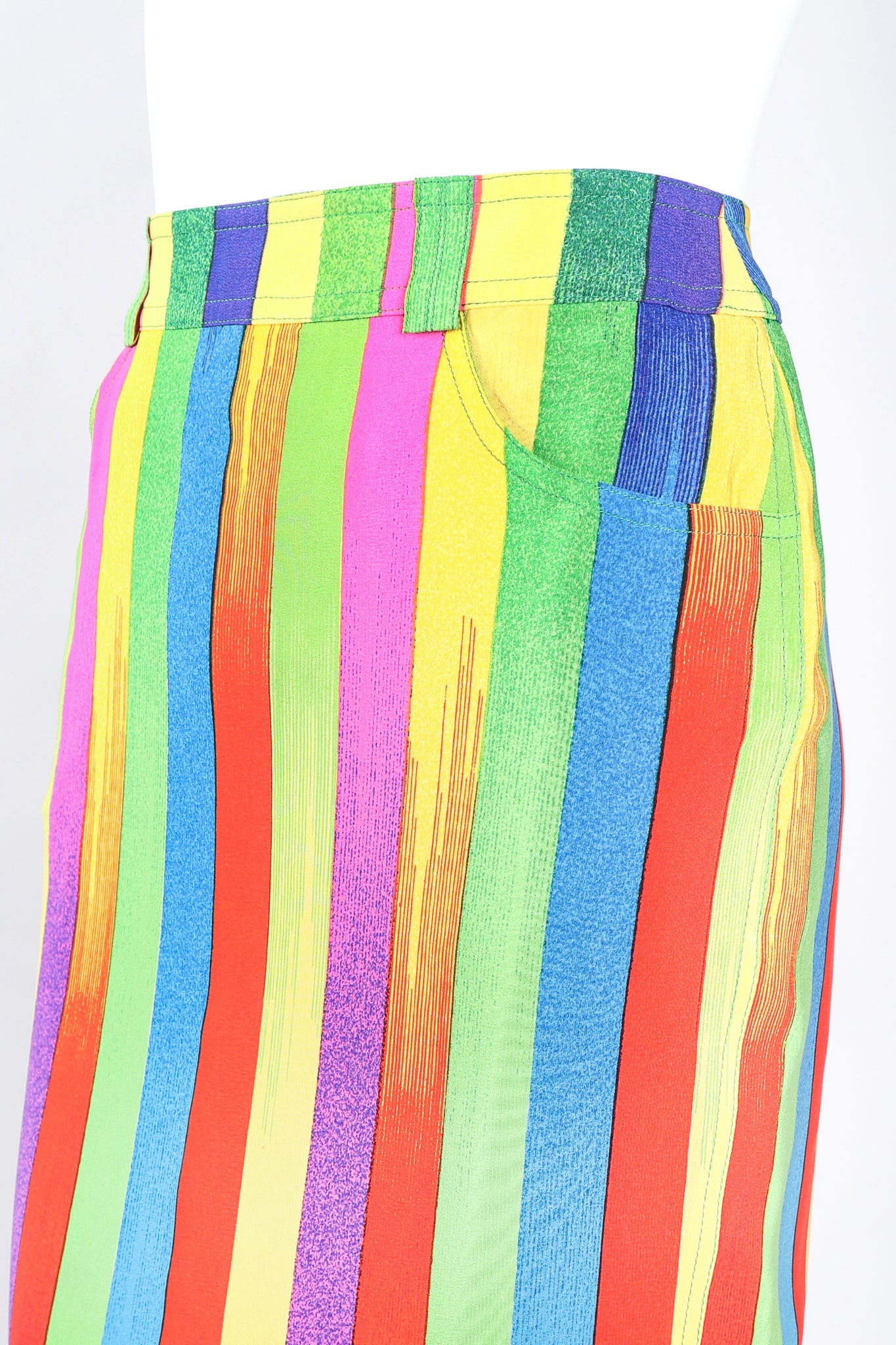 Vintage Versace Carnival Stripe Skirt Set on Mannequin Waist at Recess Los Angeles