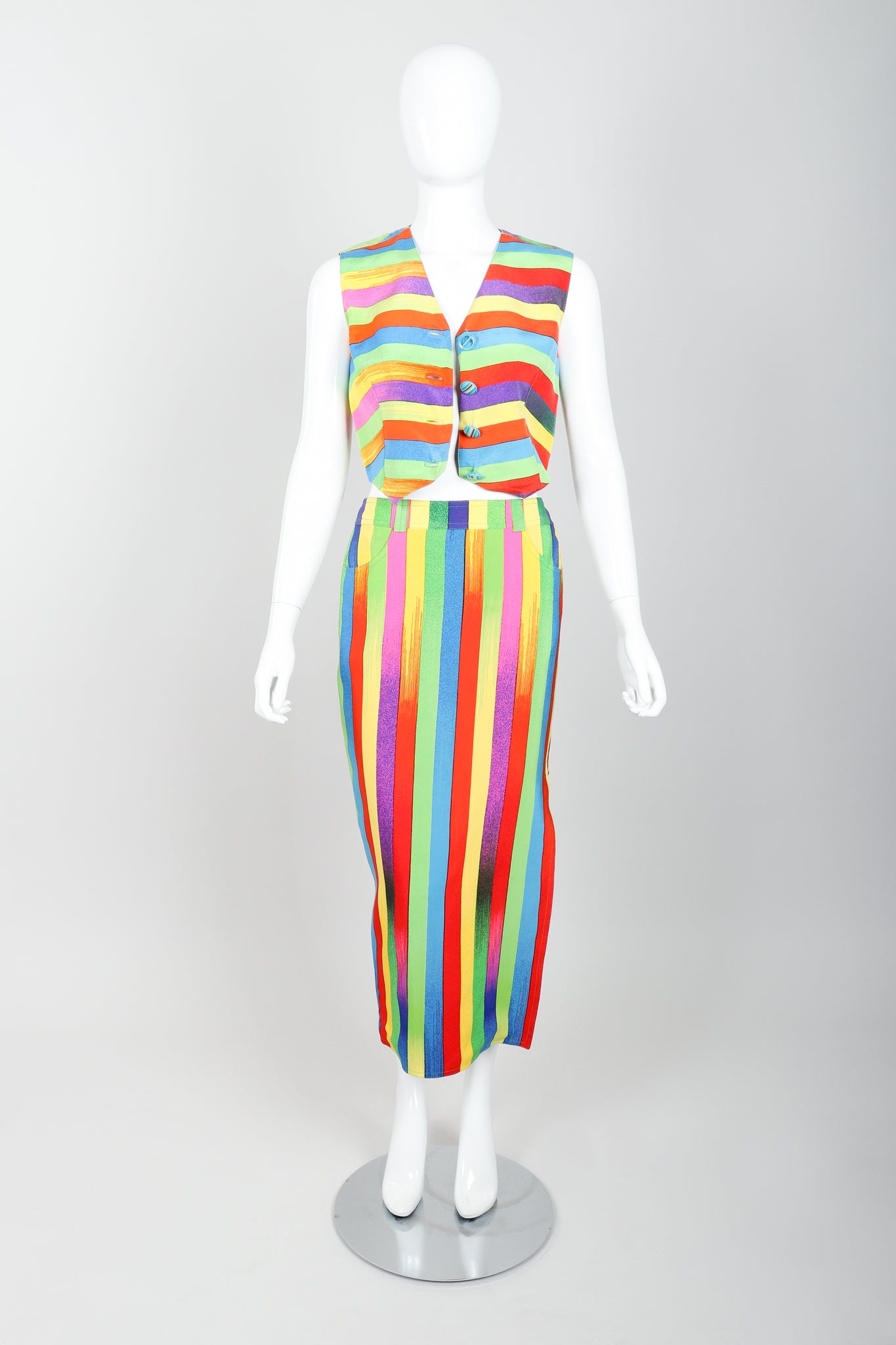 Vintage Versace Carnival Stripe Vest & Skirt Set on Mannequin Open at Recess Los Angeles
