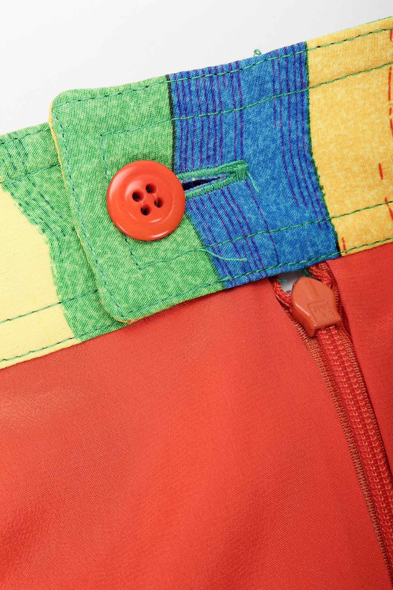 Vintage Versace Carnival Stripe Skirt Set back Button and lining