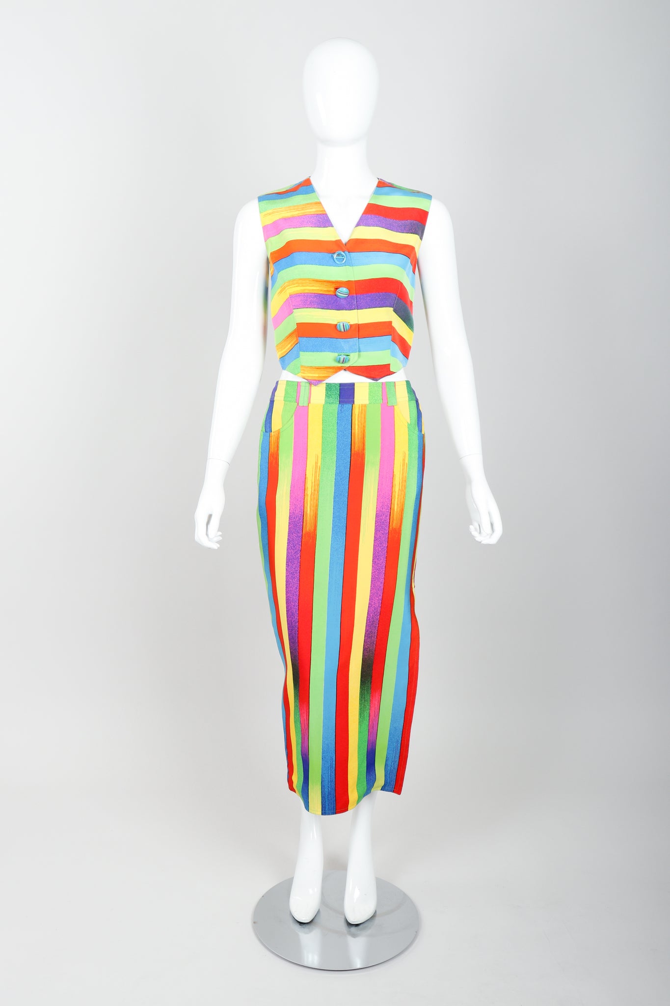 Vintage Versace Carnival Stripe Vest & Skirt Set on Mannequin Front at Recess Los Angeles