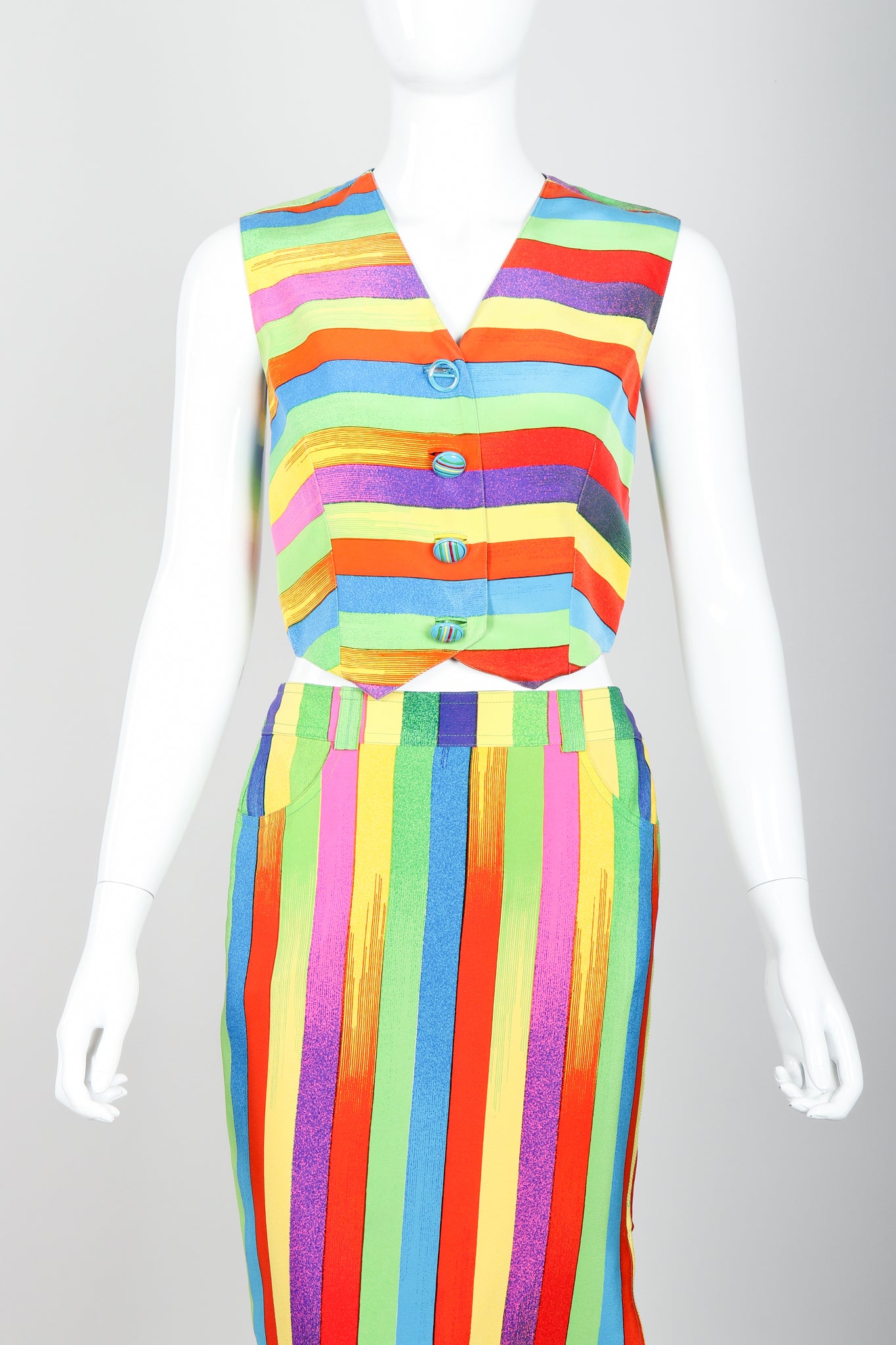 Vintage Versace Carnival Stripe Vest & Skirt Set on Mannequin Front Crop at Recess Los Angeles