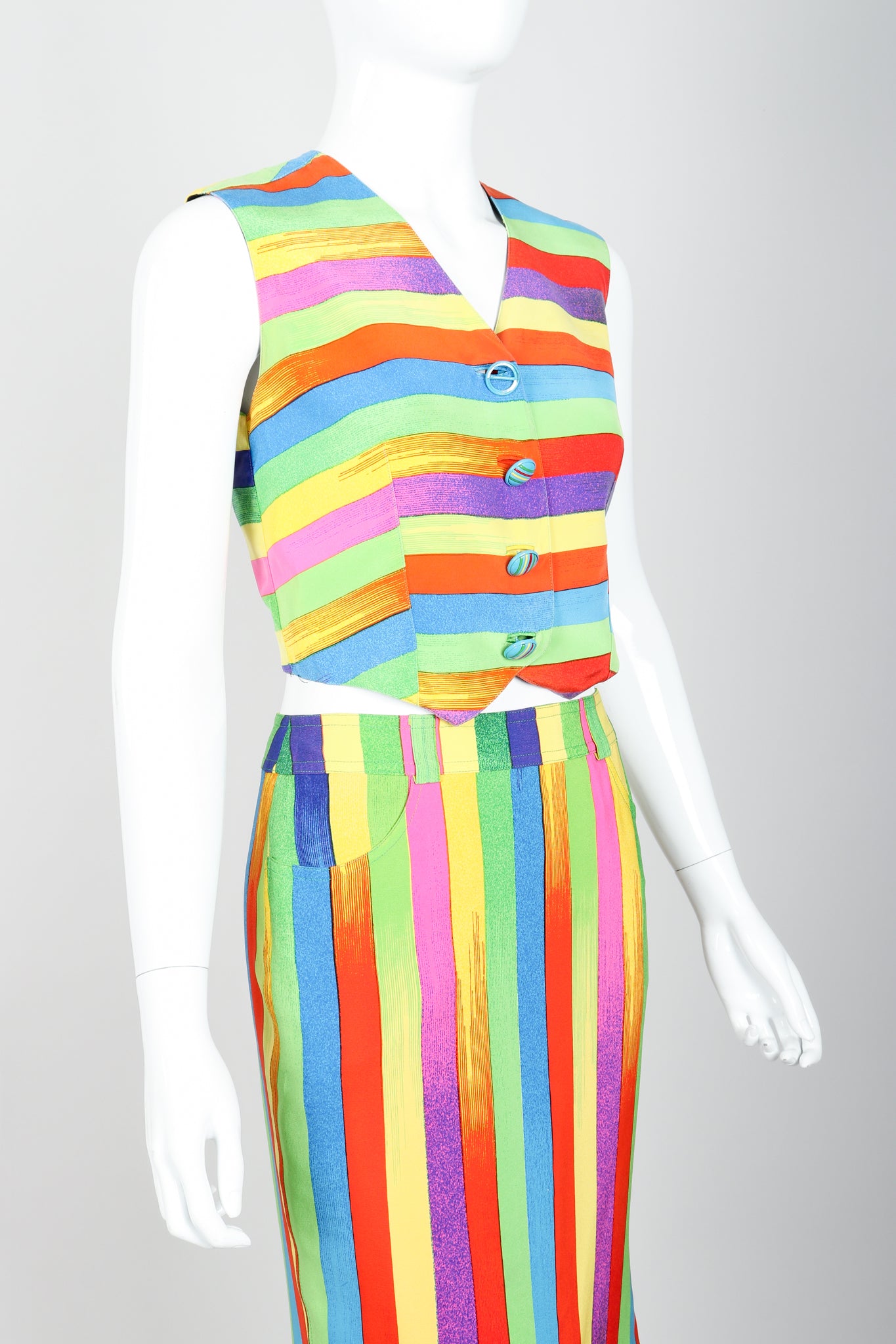 Vintage Versace Carnival Stripe Vest & Skirt Set on Mannequin Cropped at Recess Los Angeles