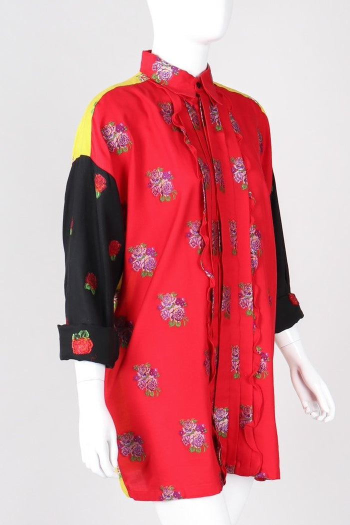 Vintage Gianni Versace 90s Mens Colorblock Brocade Rose Shirt – Recess