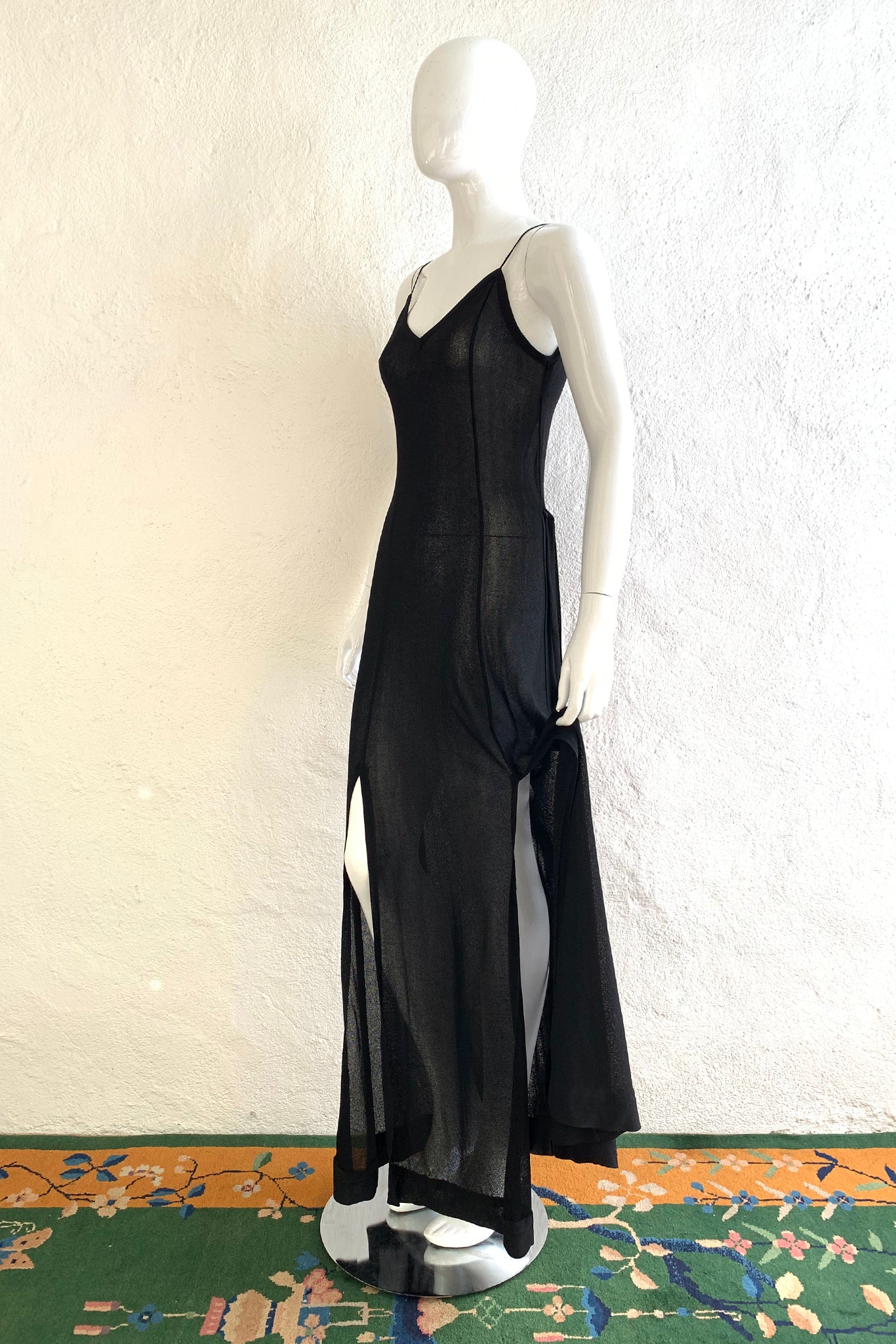 Vintage Gino Paoli Sheer Jersey Belted Slip Dress on Mannequin Side at Recess Los Angeles