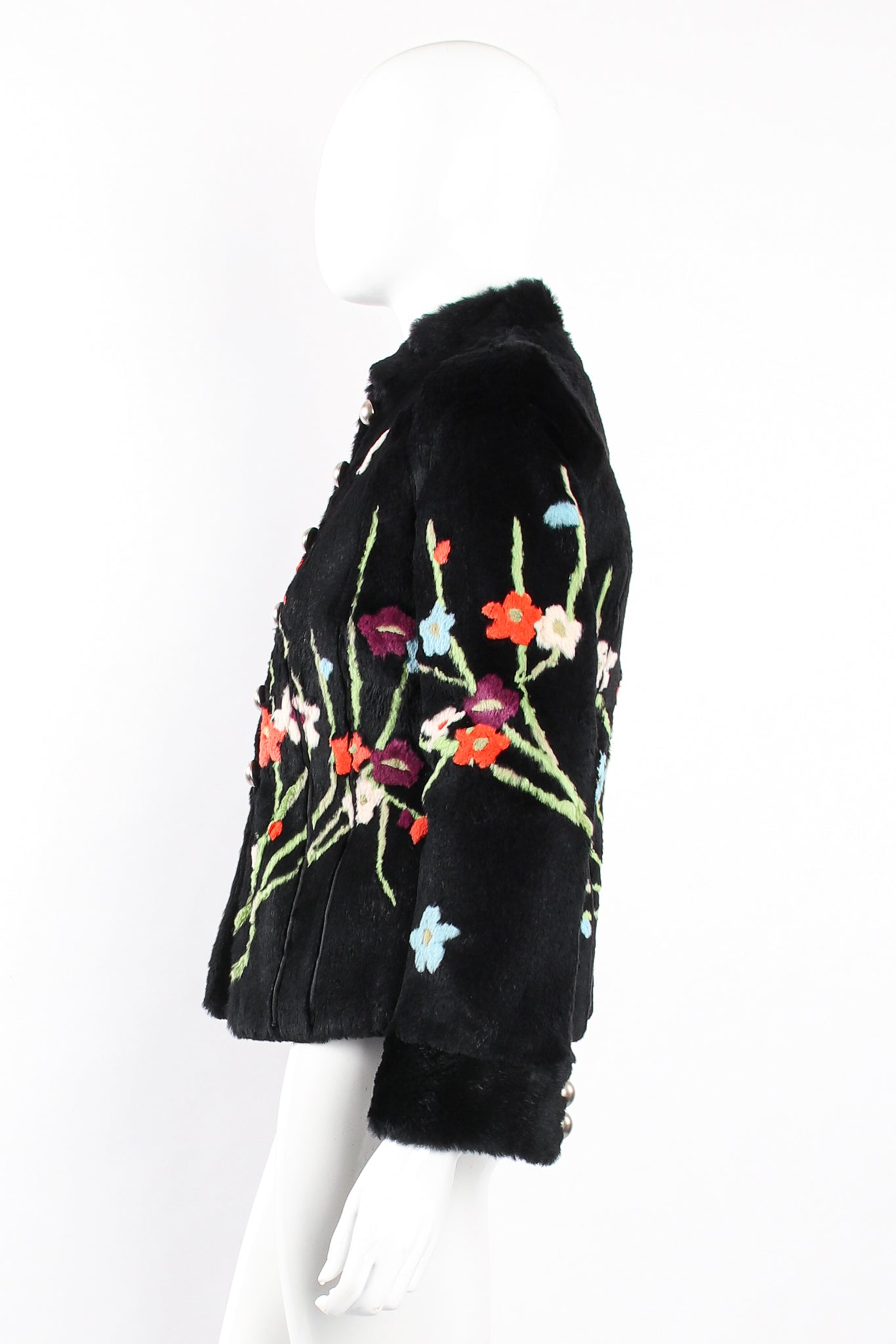 Vintage Giorgio Armani Floral Fur Jacket on Mannequin side at Recess Los Angeles