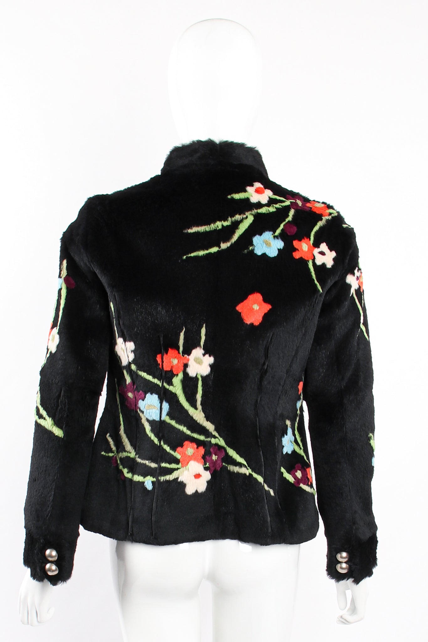 Vintage Giorgio Armani Floral Fur Jacket on Mannequin back at Recess Los Angeles
