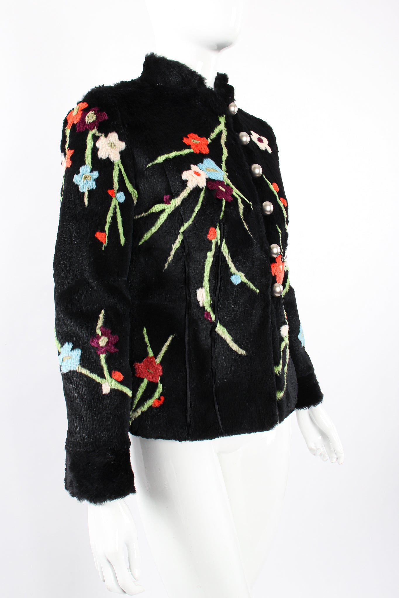 Vintage Giorgio Armani Floral Fur Jacket on Mannequin angle at Recess Los Angeles