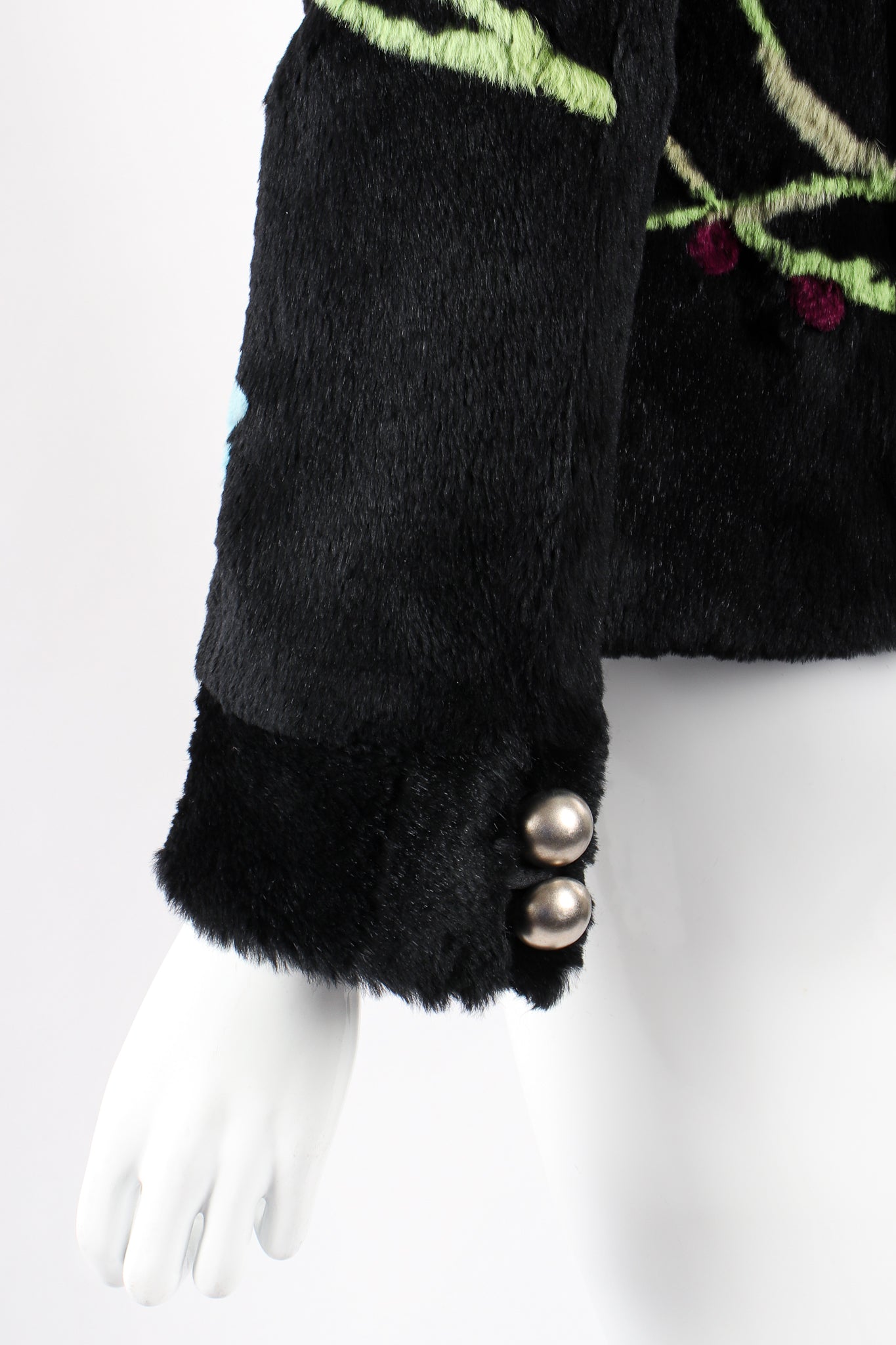 Vintage Giorgio Armani Floral Fur Jacket on Mannequin sleeve cuffs at Recess Los Angeles