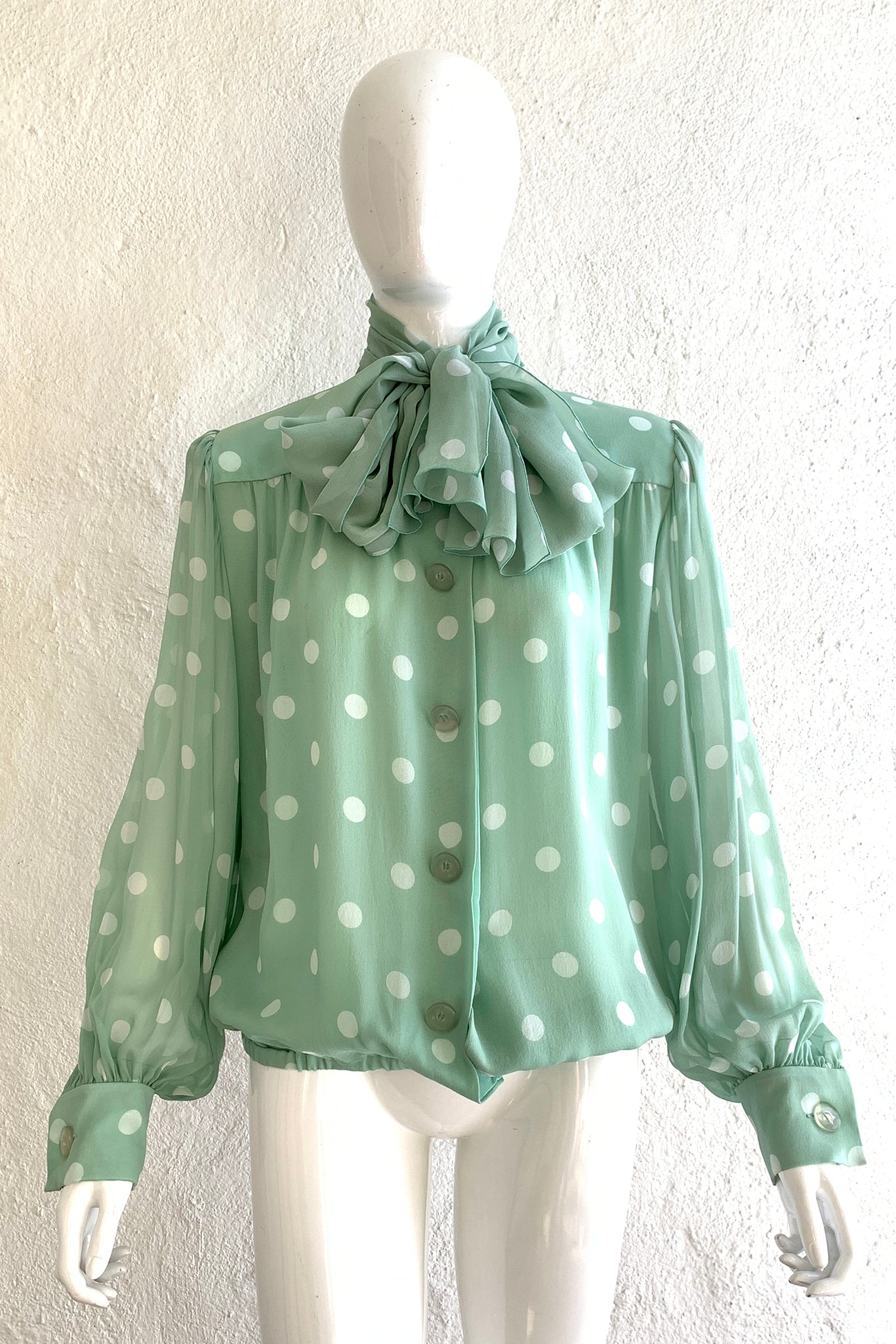 Vintage Givenchy Martha Sheer Chiffon Dot Blouse & Tie on Mannequin Front at Recess LA