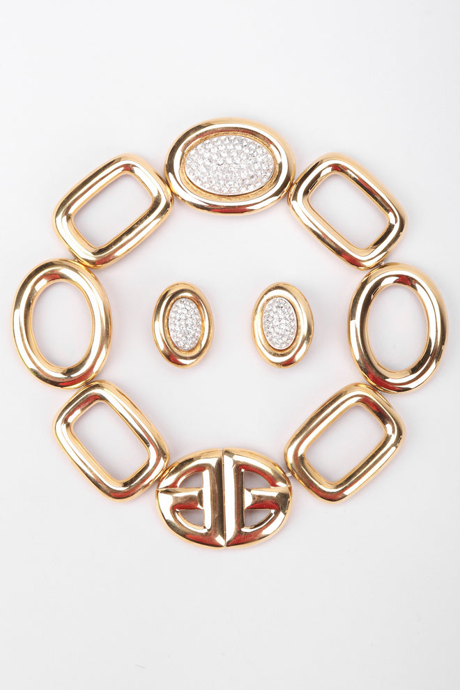 Recess Los Angeles Vintage Givenchy Gold Crystal Oval Collar Choker Necklace & Earring Set
