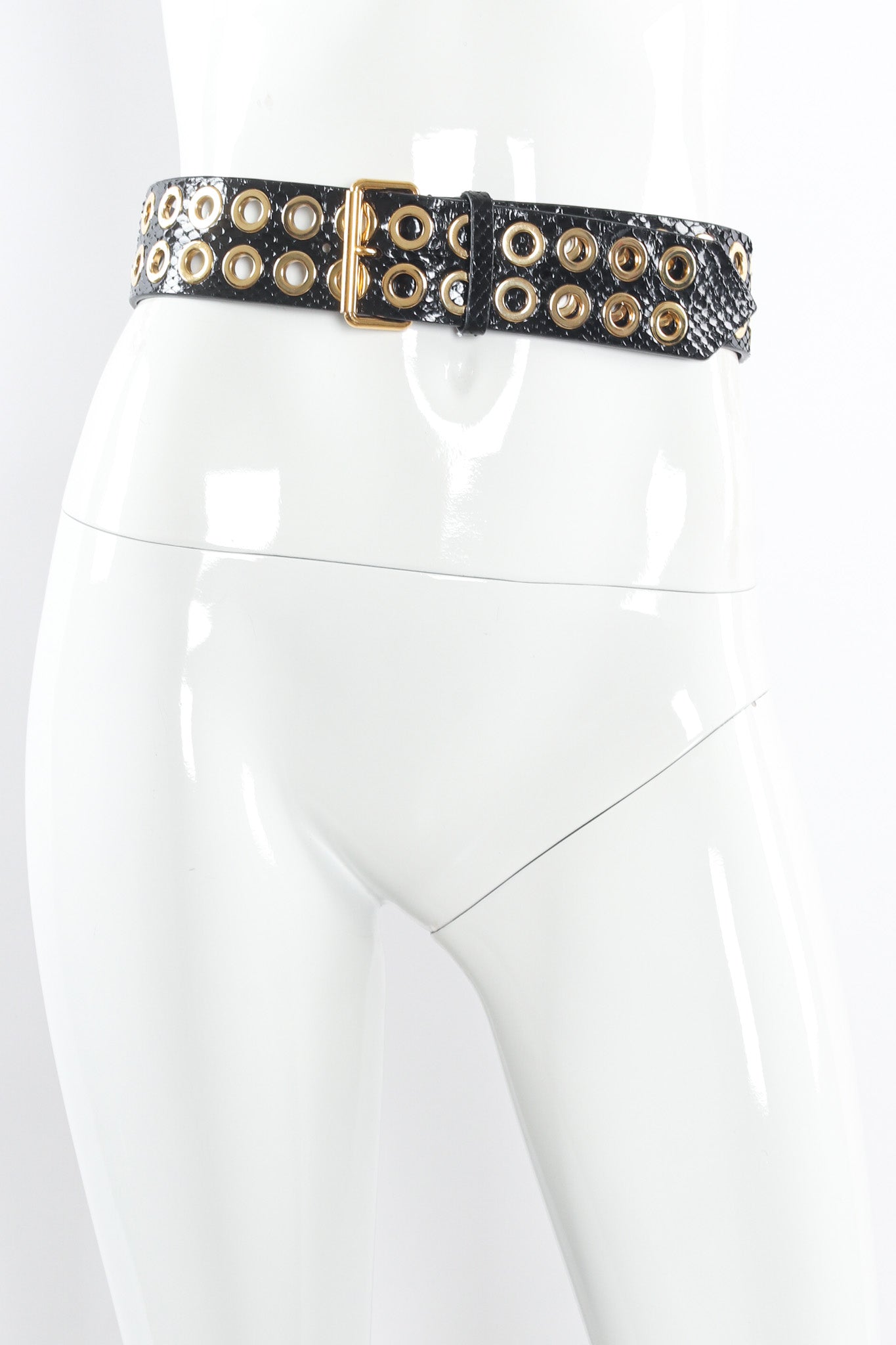 Vintage Givenchy Grommet Croc Patent Leather Belt on mannequin @ Recess Los Angeles
