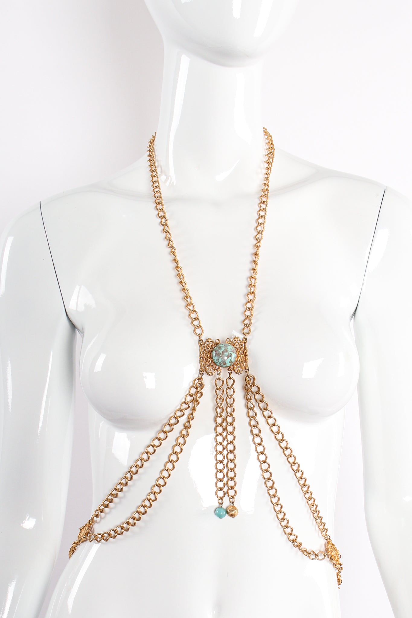 Vintage Turquoise Filigree Draped Chain Harness on Mannequin at Recess Los Angeles