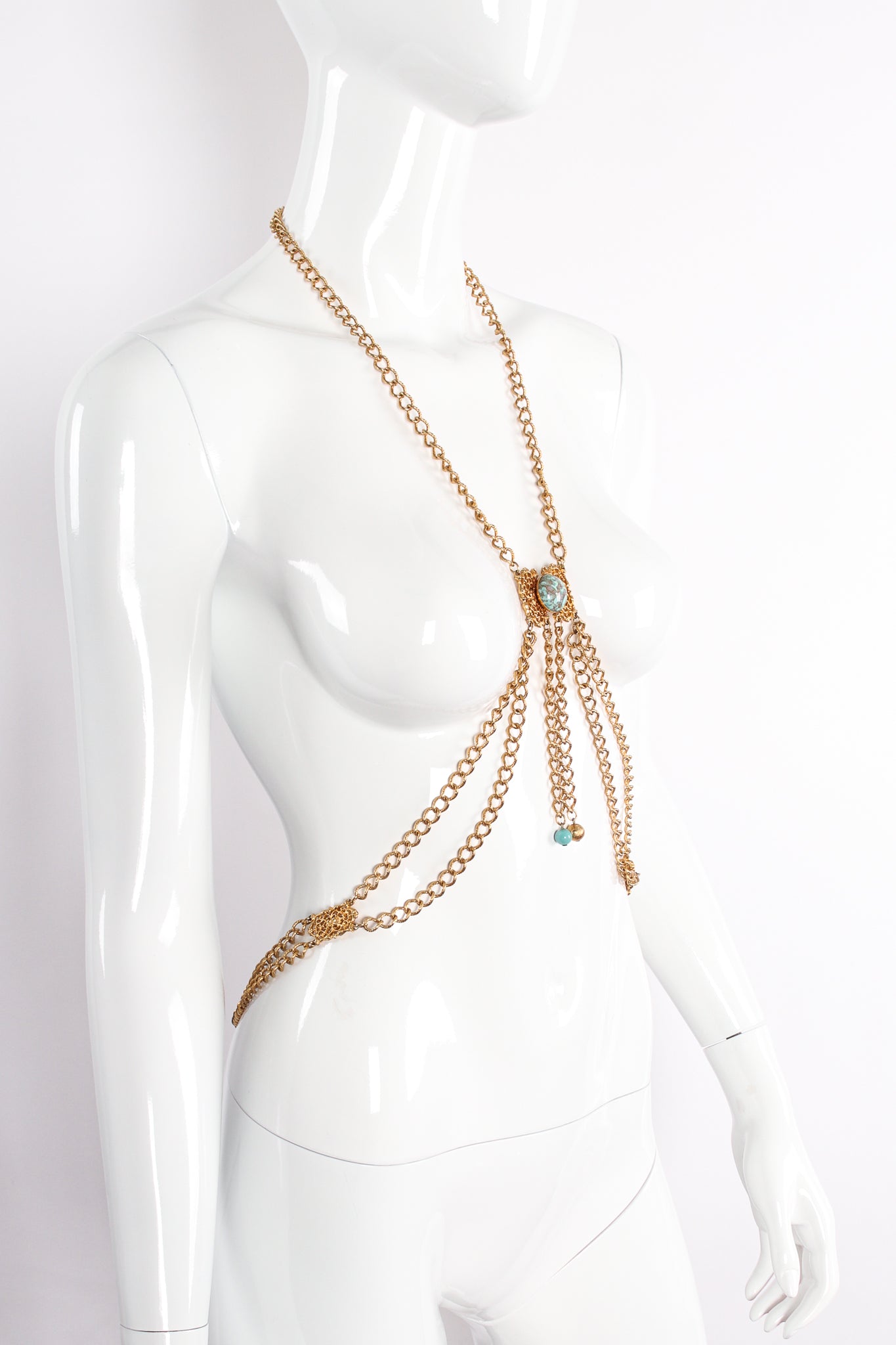 Vintage Turquoise Filigree Draped Chain Harness on Mannequin angle at Recess Los Angeles