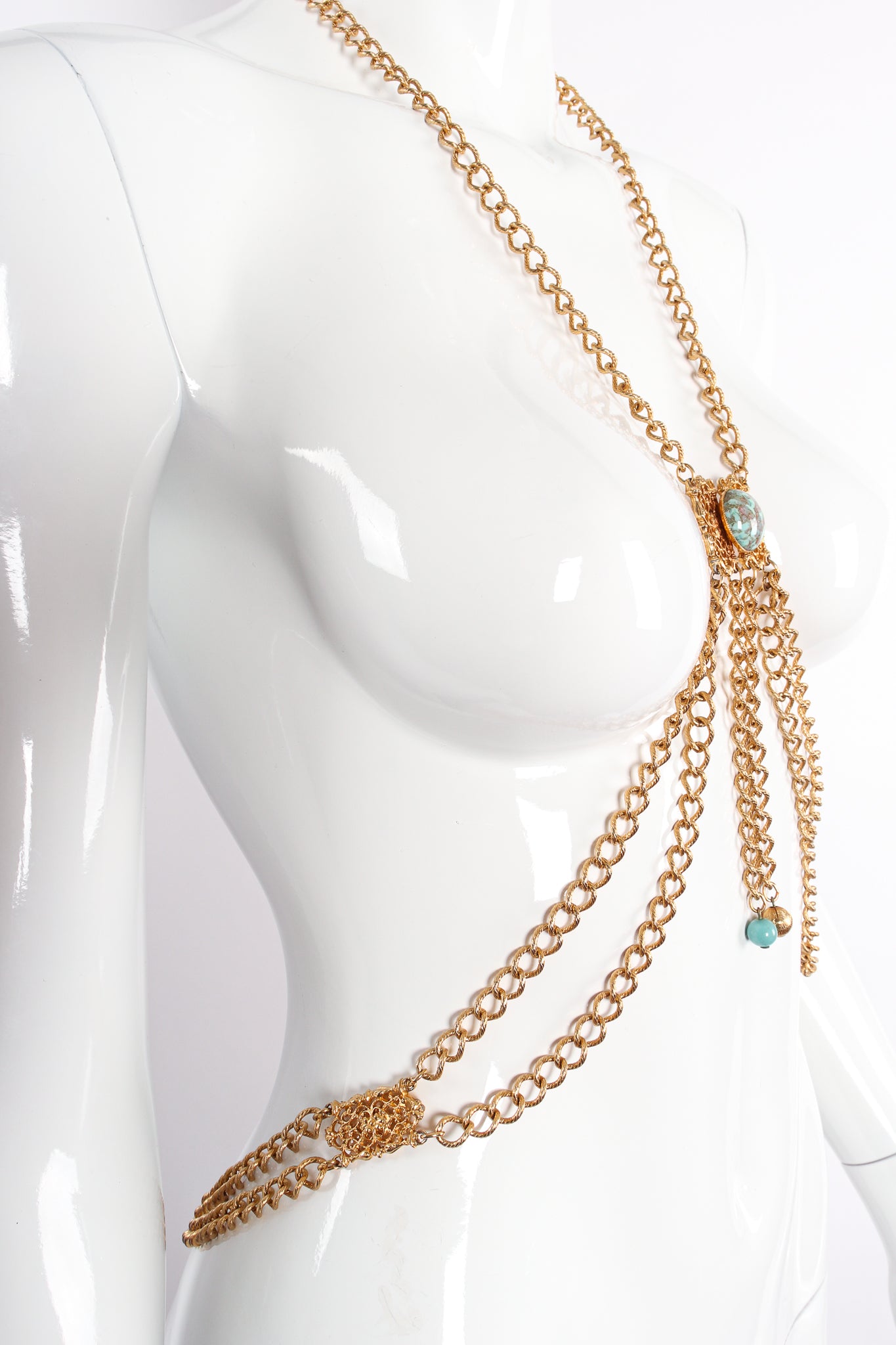 Vintage Turquoise Filigree Draped Chain Harness on Mannequin side at Recess Los Angeles