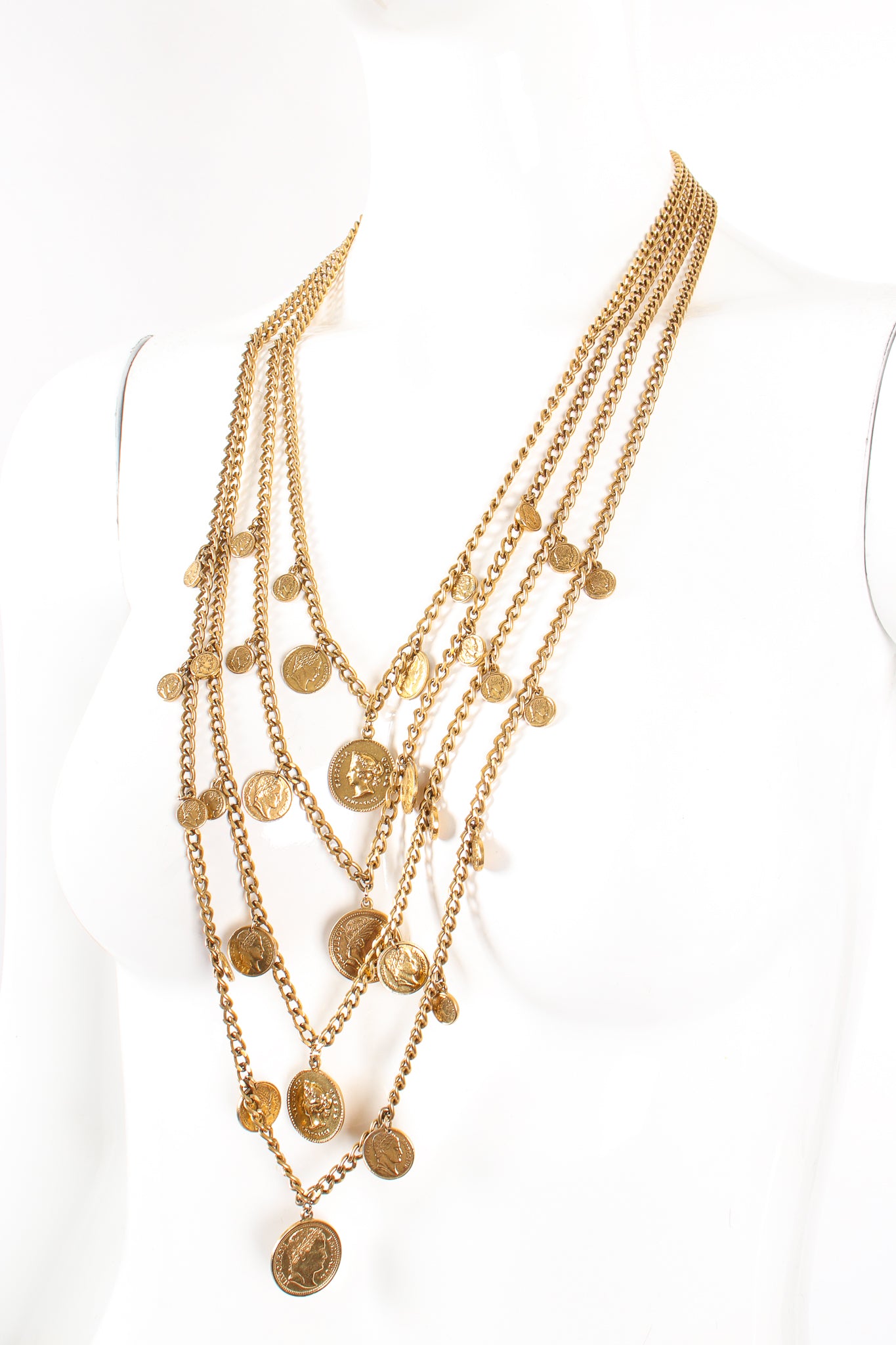 Vintage Goldette Multi-Strand Layered Coin Necklace on mannequin at Recess Los Angeles