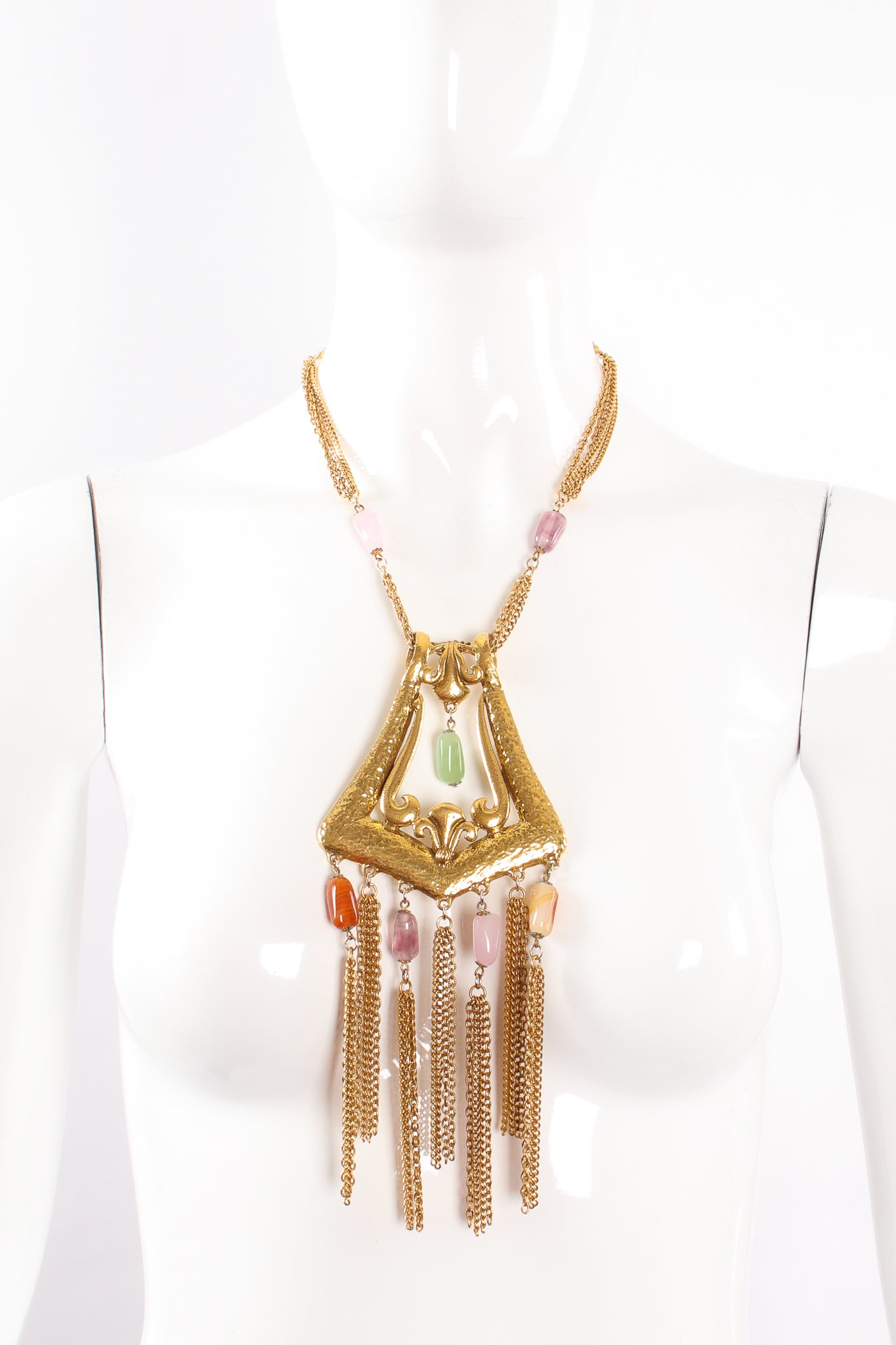 Vintage Goldette Fringe Plate Amulet Necklace on mannequin at Recess Los Angeles