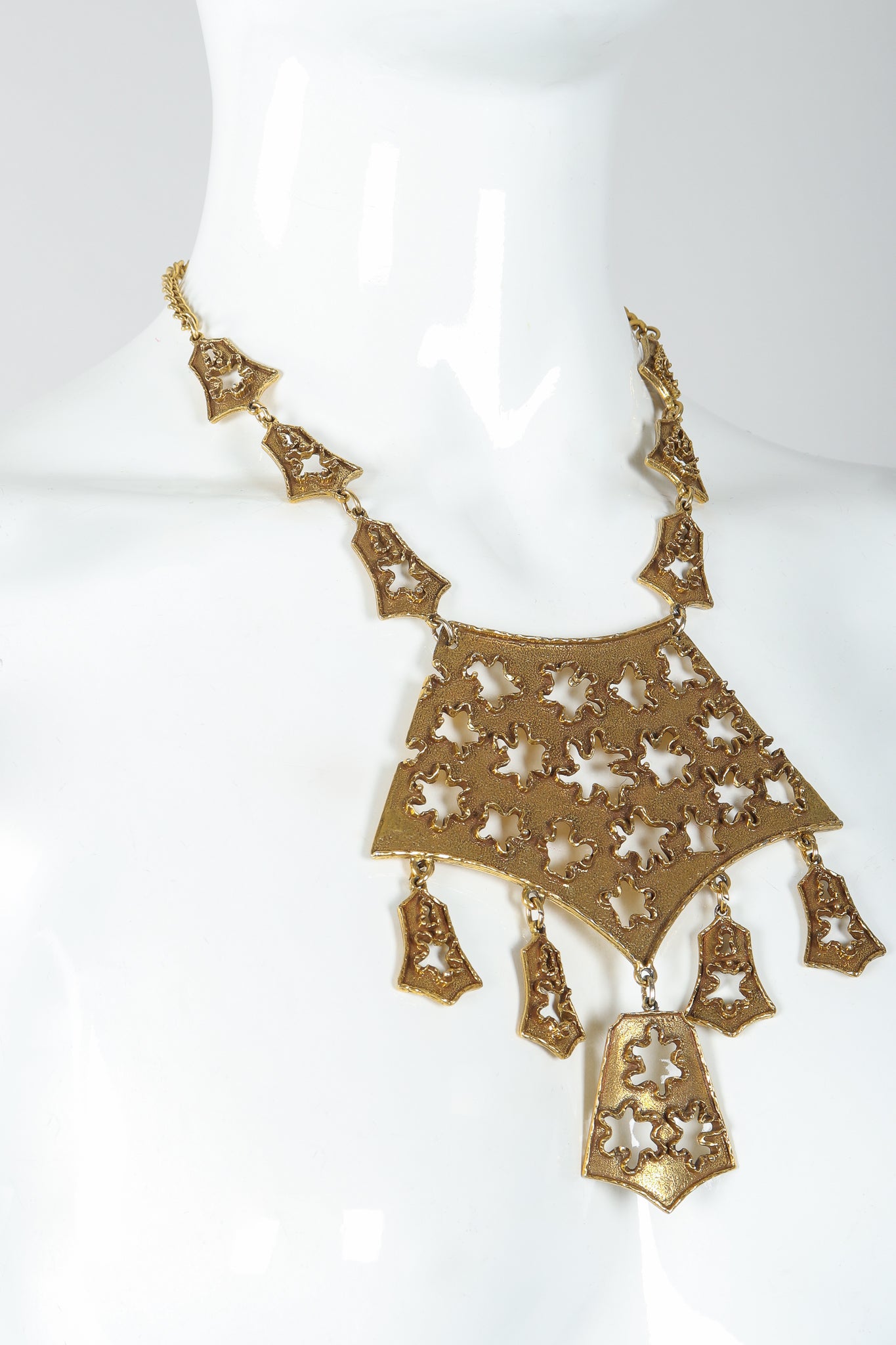 Vintage Goldette Brutalist Splatter Plate Cutout Necklace on Mannequin Close at Recess Los Angeles