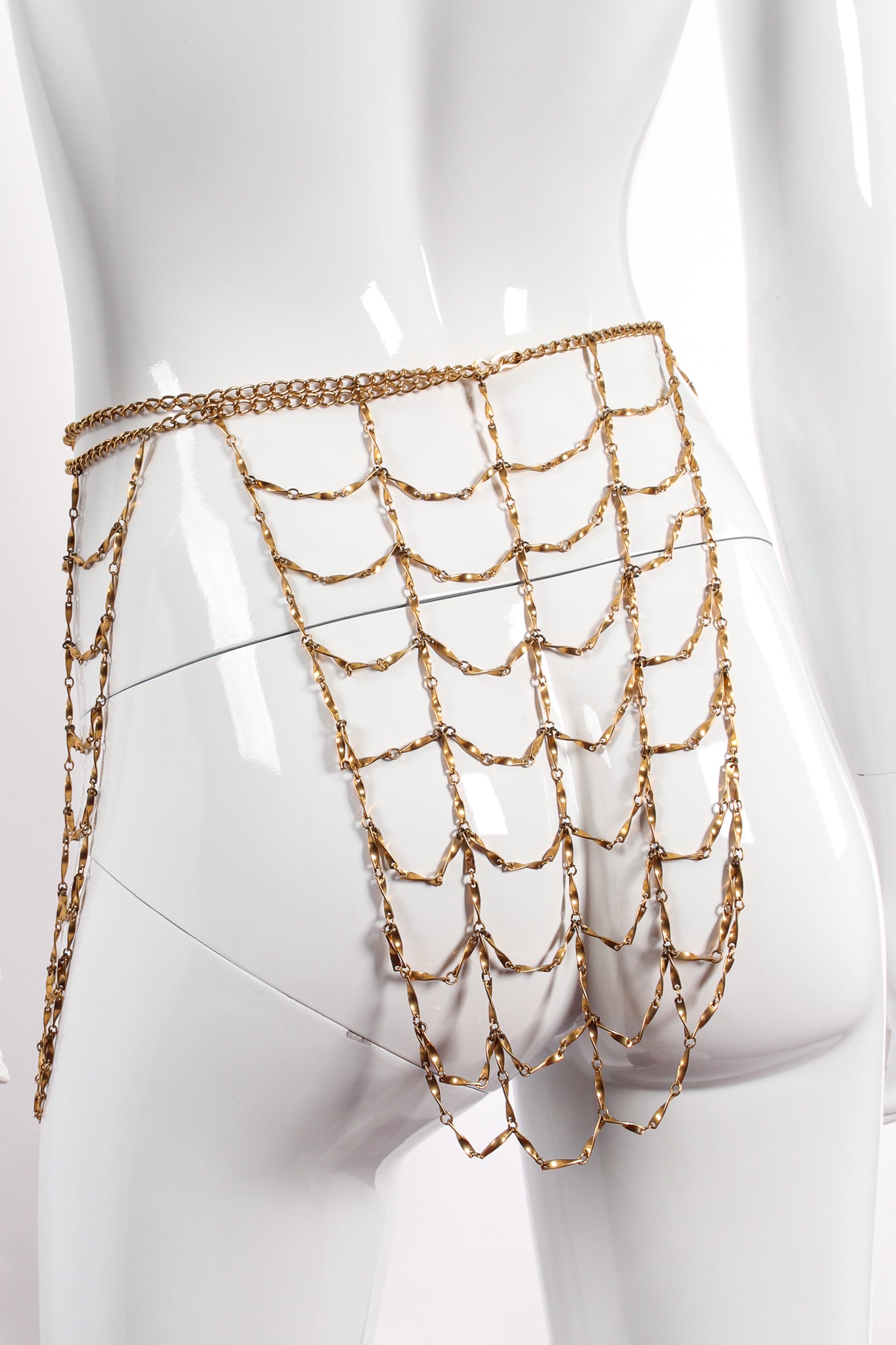 Vintage Gold Lattice Cage Panel Body Chain on Mannequin as skirt rear at Recess Los Angeles