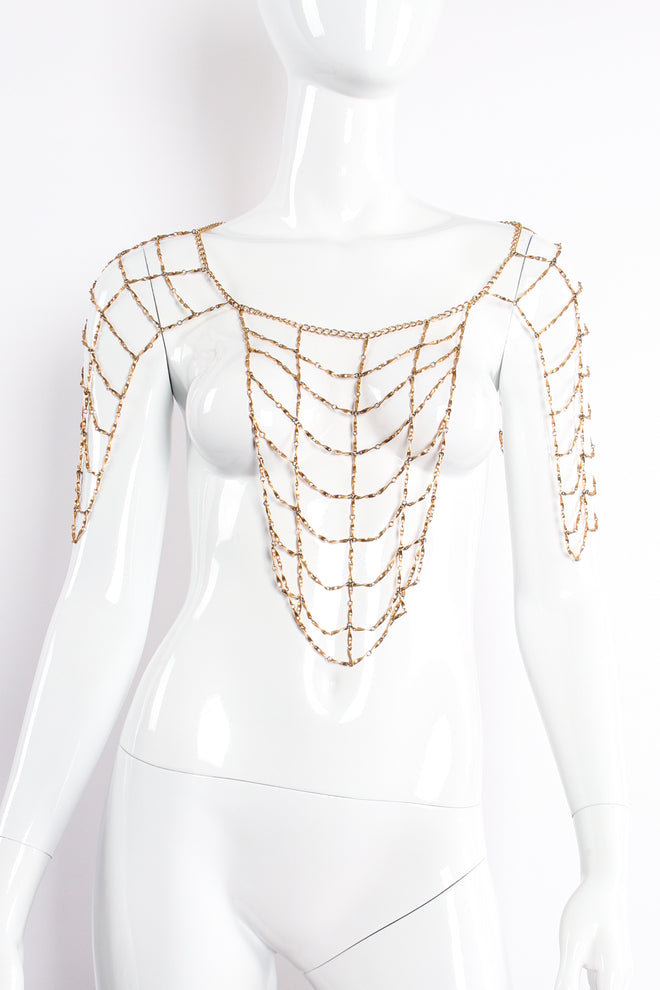 Vintage Gold Lattice Cage Panel Body Chain on Mannequin as top at Recess Los Angeles