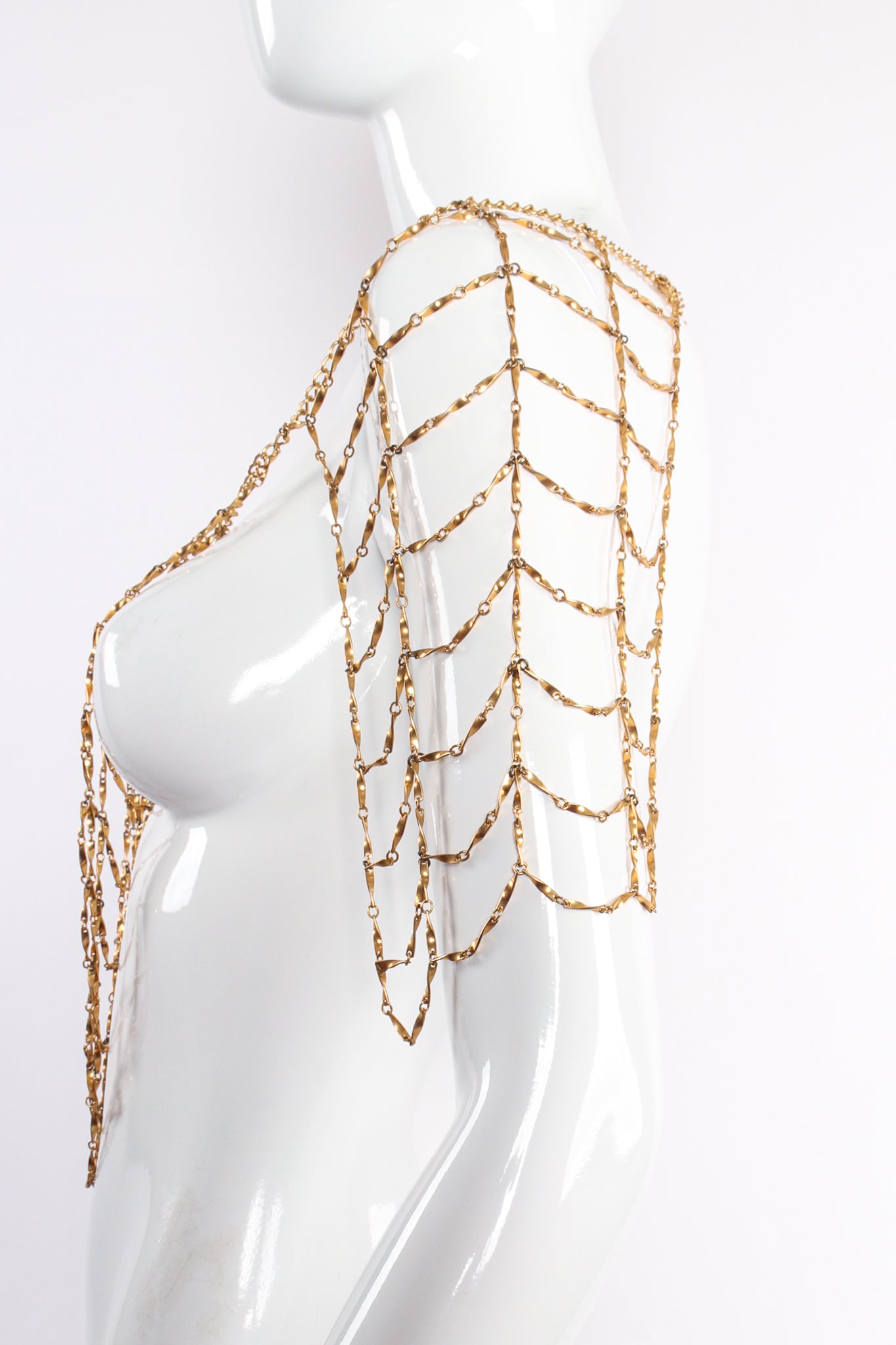 Vintage Gold Lattice Cage Panel Body Chain on Mannequin as top at Recess Los Angeles