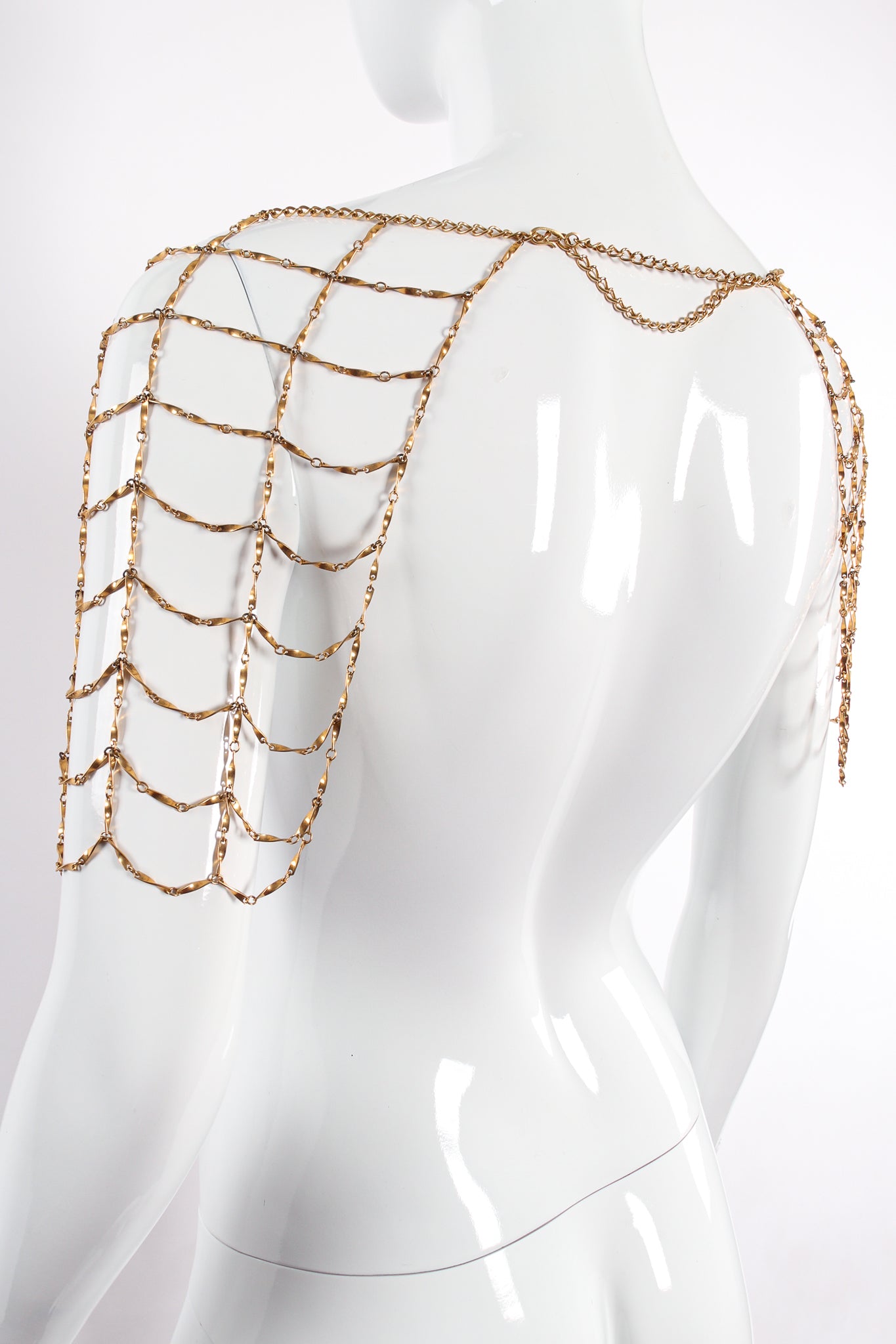 Vintage Gold Lattice Cage Panel Body Chain on Mannequin as top shoulder at Recess Los Angeles
