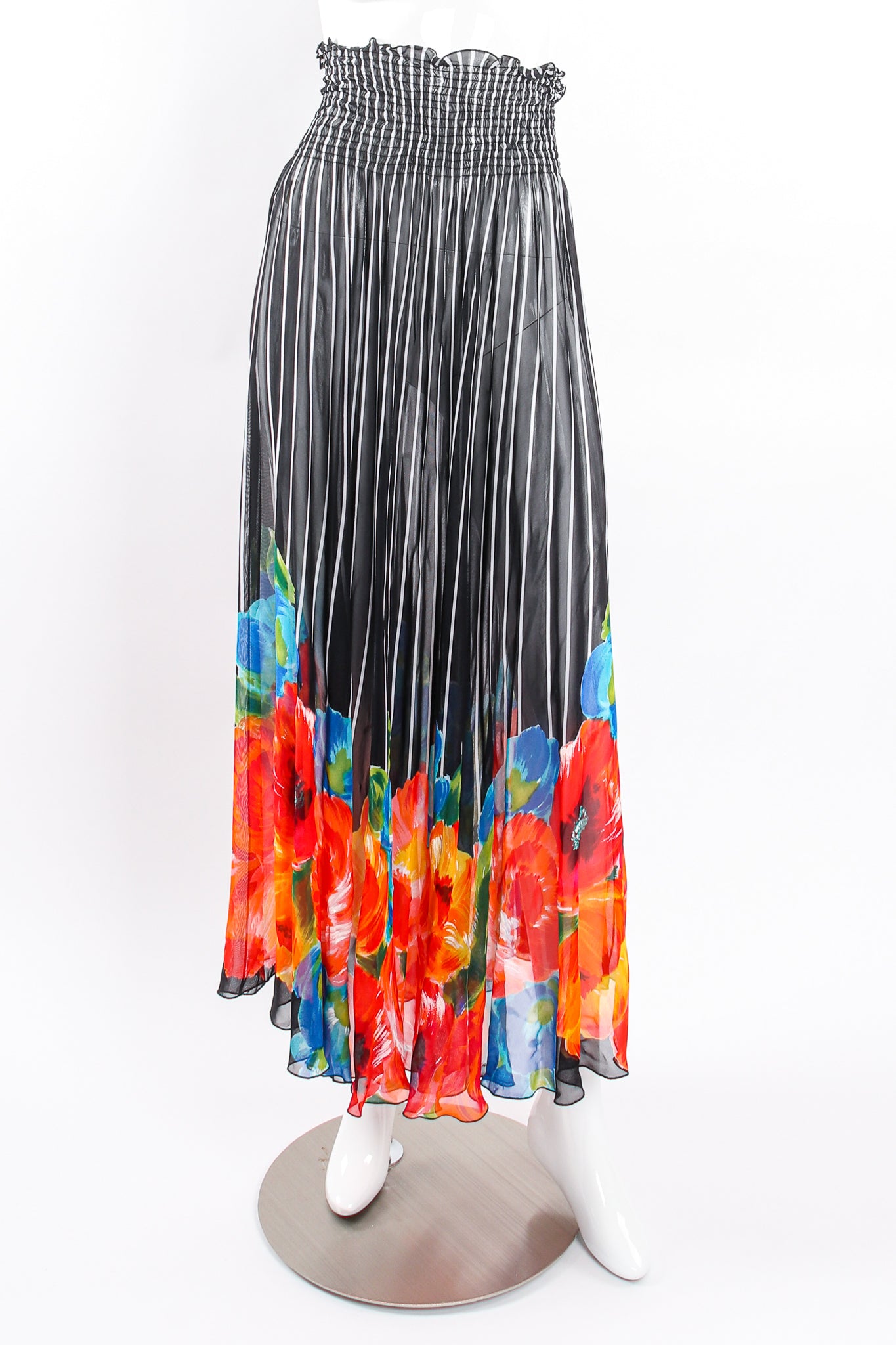 Vintage Gottex Chiffon Sheer Striped Floral Coverup Skirt on Mannequin front at Recess LA
