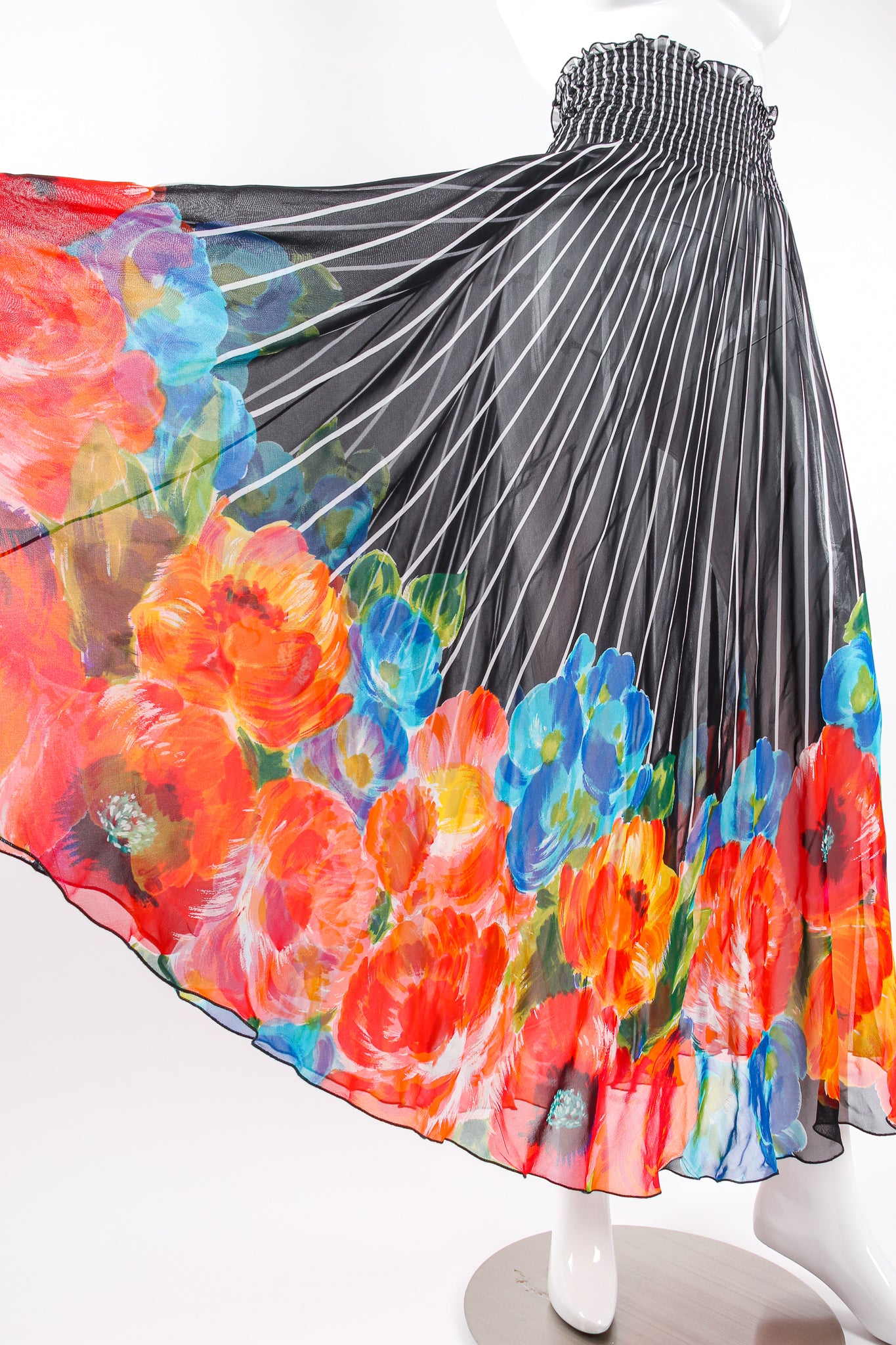 Vintage Gottex Chiffon Sheer Striped Floral Coverup Skirt on Mannequin stretch at Recess LA