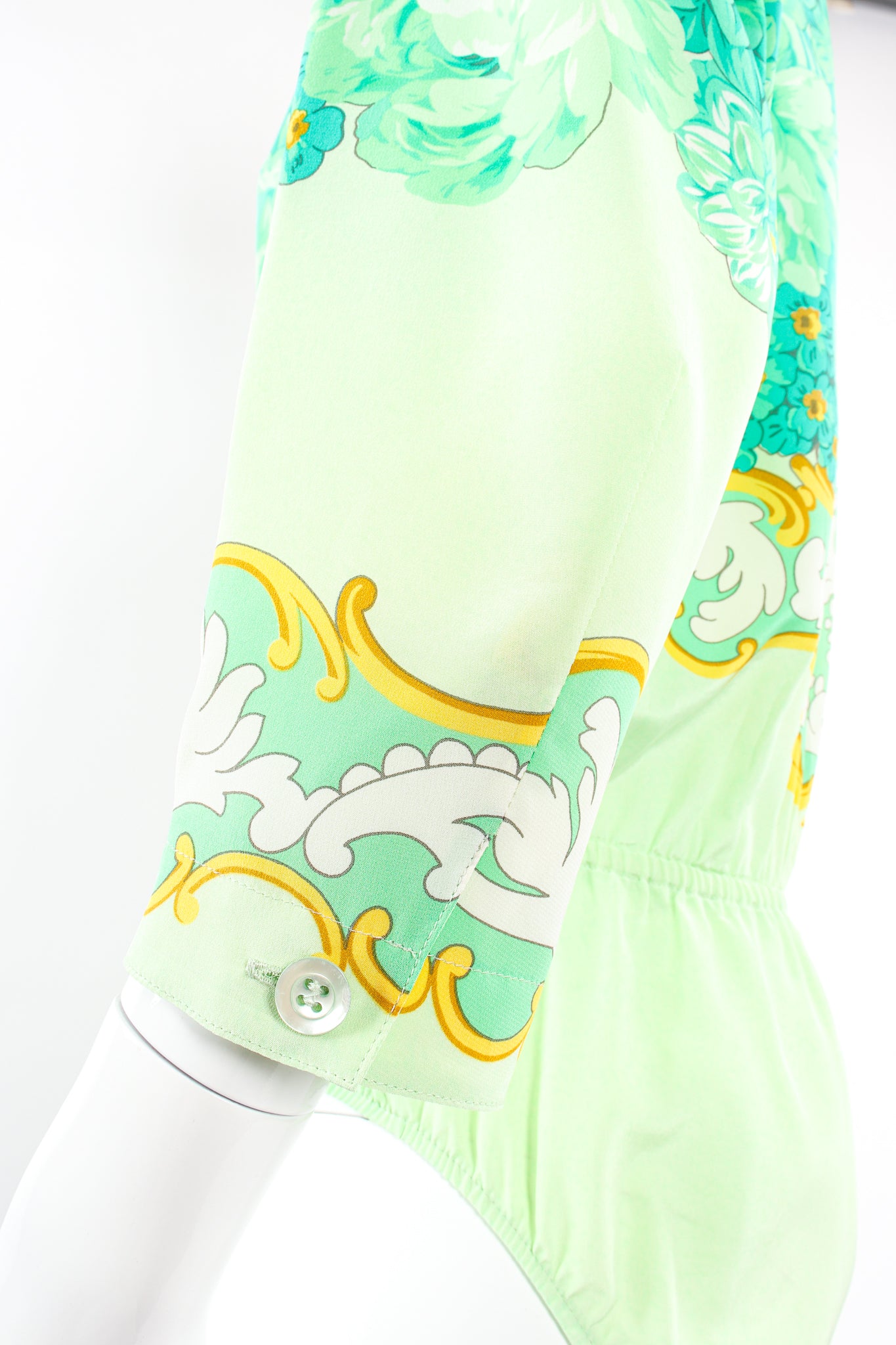 Vintage Escada Pastel Floral Baroque Bodysuit on Mannequin sleeve at Recess Los Angeles