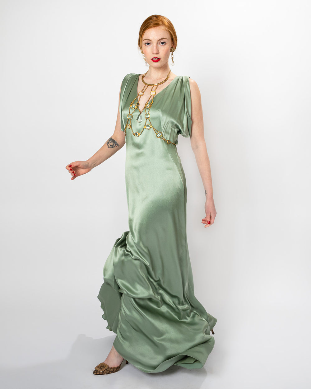 alexander mcqueen green dress Satin Bias Cut Gown shoulder midi dress with PICCOLA LUDO NAVY/GREEN STRIPE custom-waist-ties color:Rose Cloud