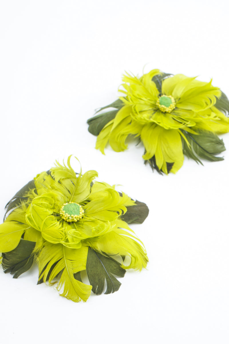 Vintage Chartreuse Feather Flower Earrings at Recess Los Angeles