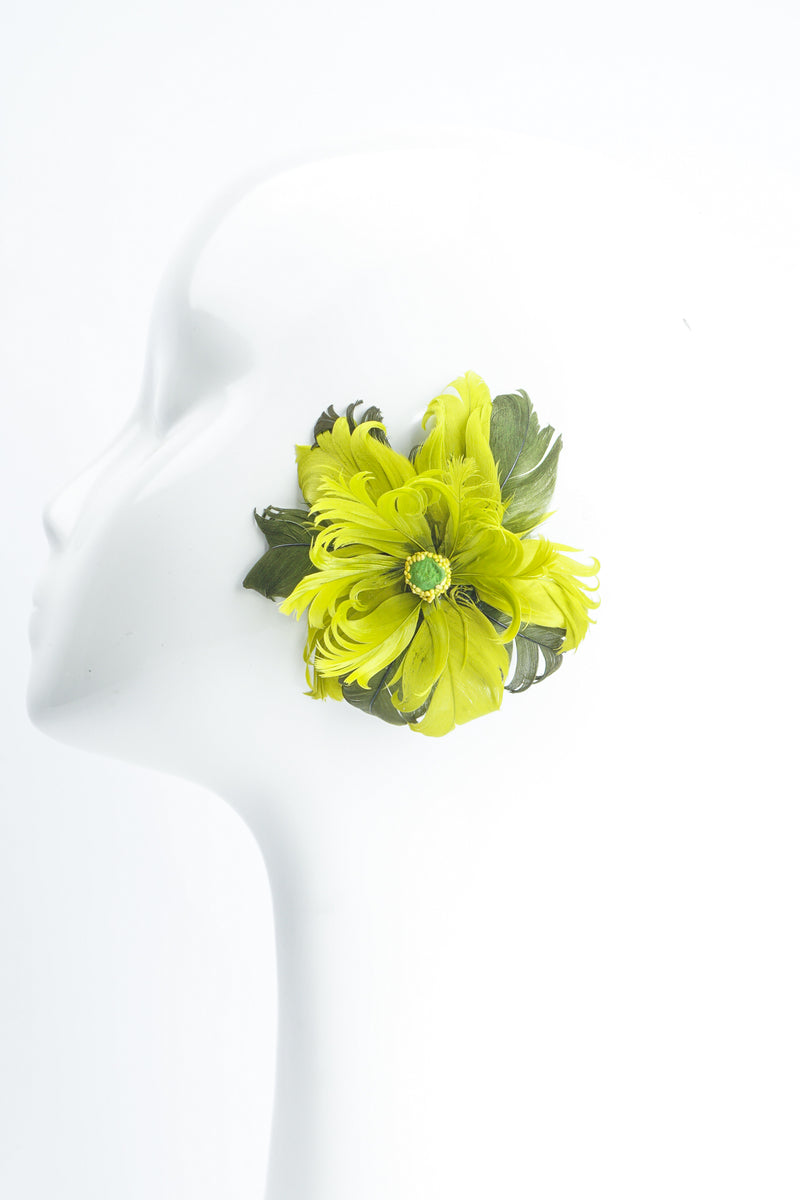 Vintage Chartreuse Feather Flower Earrings on Mannequin at Recess Los Angeles