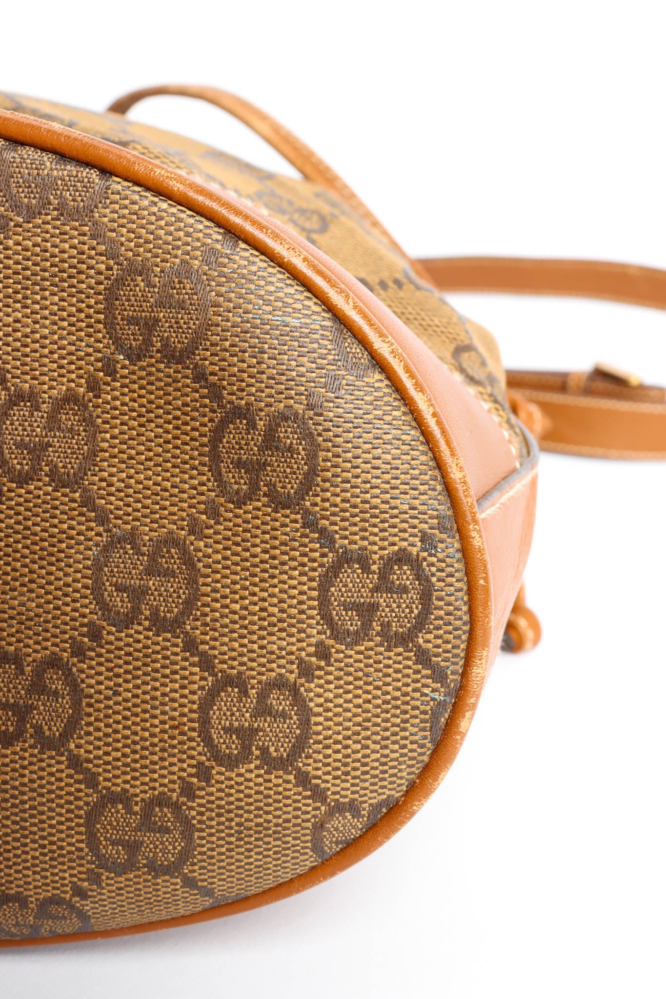 Vintage Gucci GG Monogram Bucket Bag base bag scratches @ Recess LA