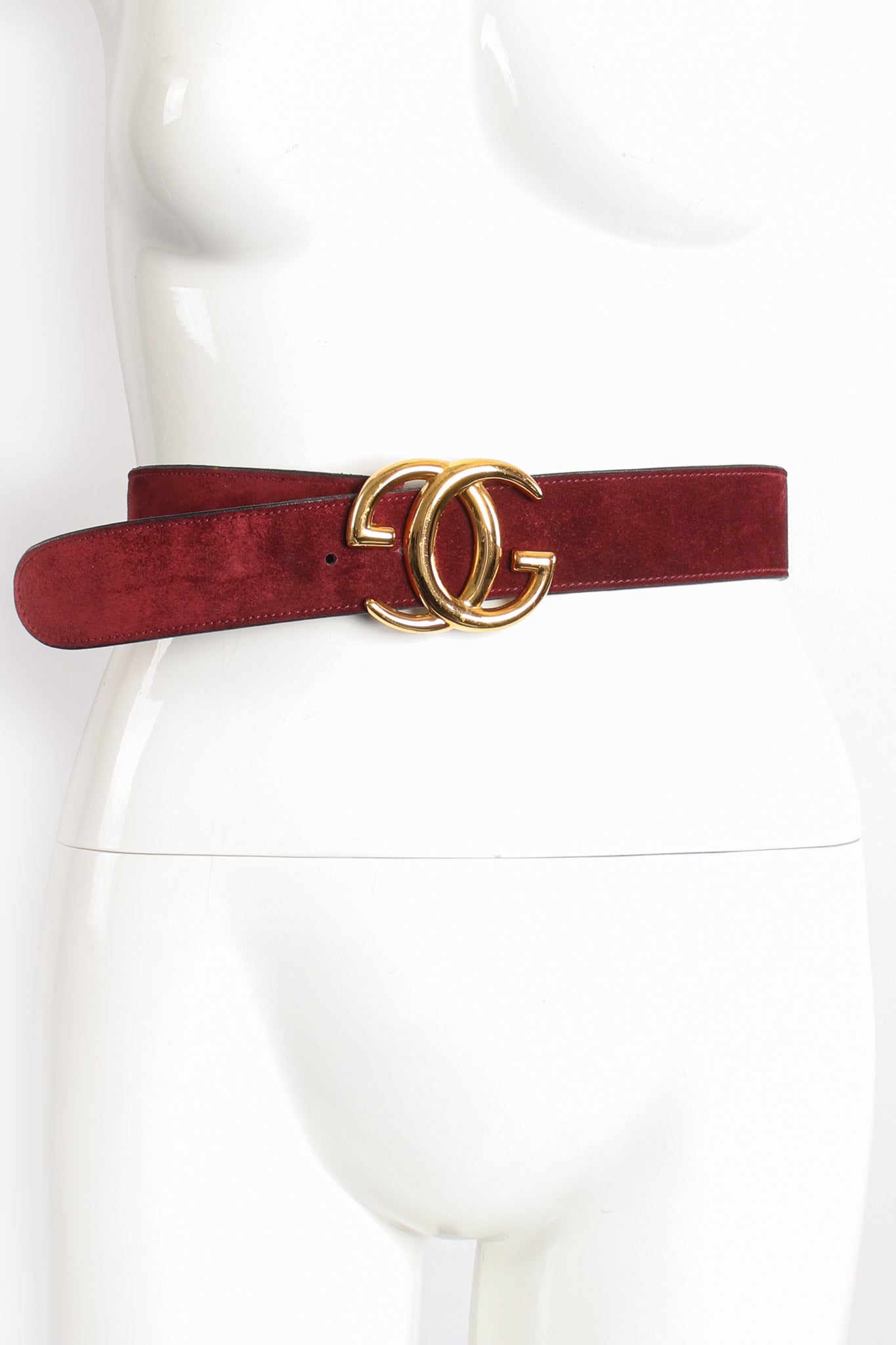 Vintage Gucci 1970 1980 Interlocking GG Logo Suede Belt on mannequin at Recess Los Angeles