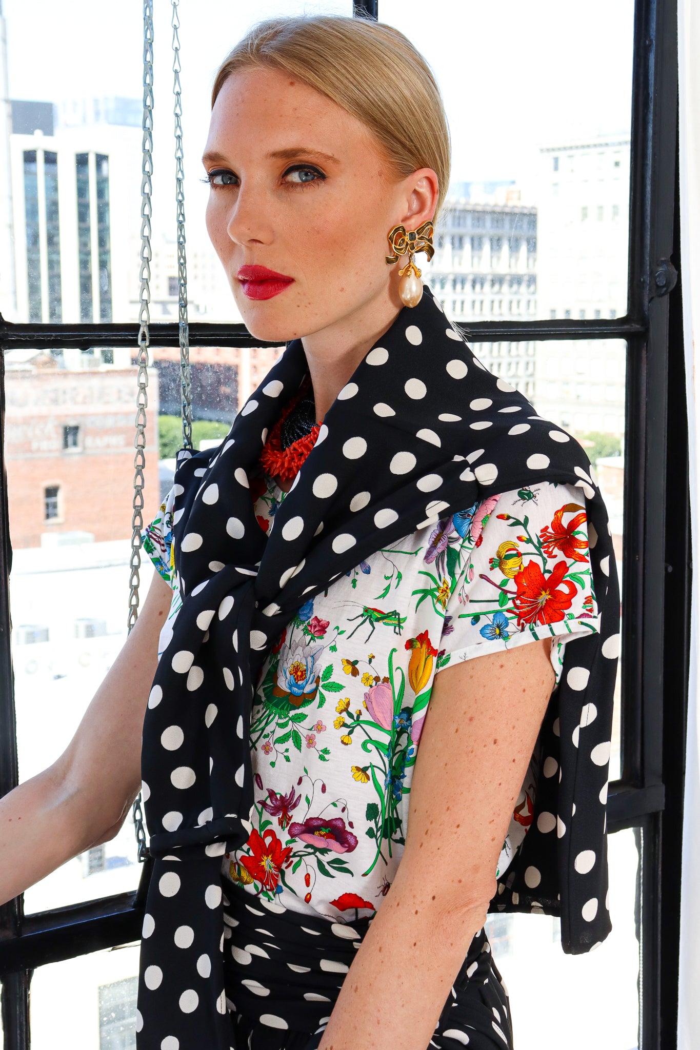 Model Miranda in Vintage Karl Lagerfeld Flowy Ribbon Pearl Drop Earrings @ Recess LA