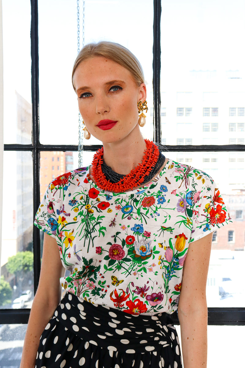 Model Miranda in Vintage Karl Lagerfeld Flowy Ribbon Pearl Drop Earrings @ Recess LA