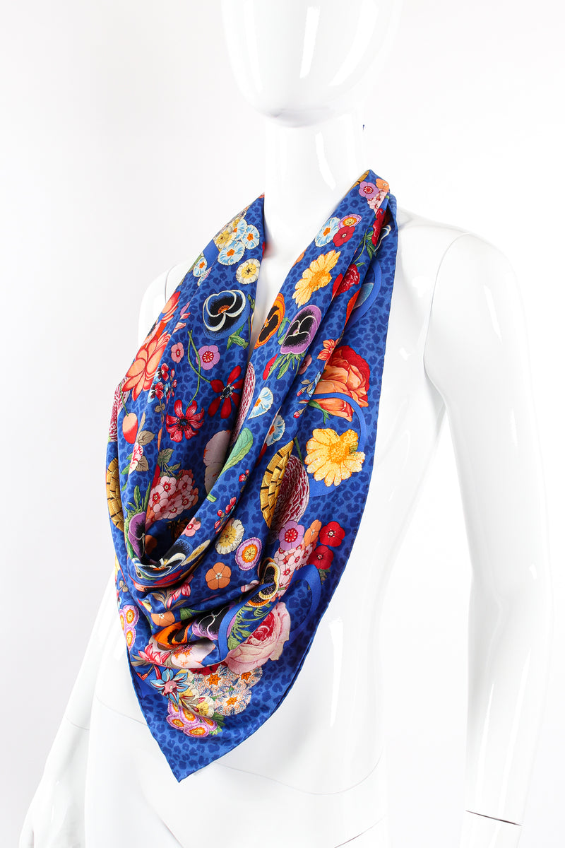 Vintage Gucci Floral Pansy Blue Leopard Scarf on Mannequin at Recess Los Angeles
