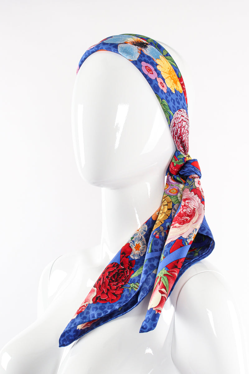 Vintage Gucci Floral Pansy Blue Leopard Scarf on Mannequin at Recess Los Angeles