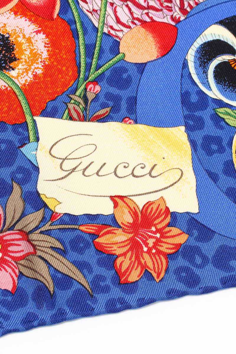 Vintage Gucci Floral Pansy Blue Leopard Scarf signature at Recess Los Angeles