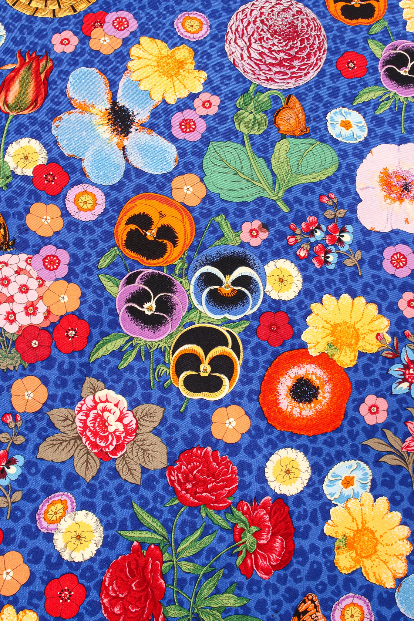Vintage Gucci Floral Pansy Blue Leopard Scarf print detail at Recess Los Angeles