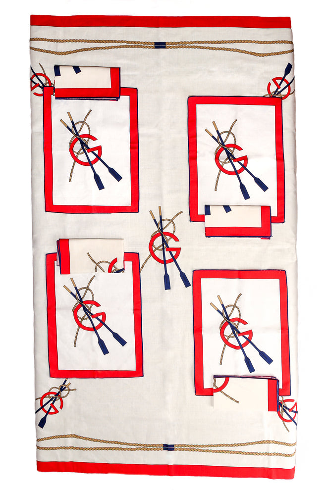 Vintage Gucci Linen Nautical Tablecloth Placemat Napkin Set overhead at Recess Los Angeles