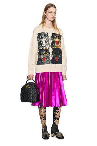 Gucci 2017 Metallic Plisse Pleated Leather Skirt in Fuchsia Rose on model at Recess LA
