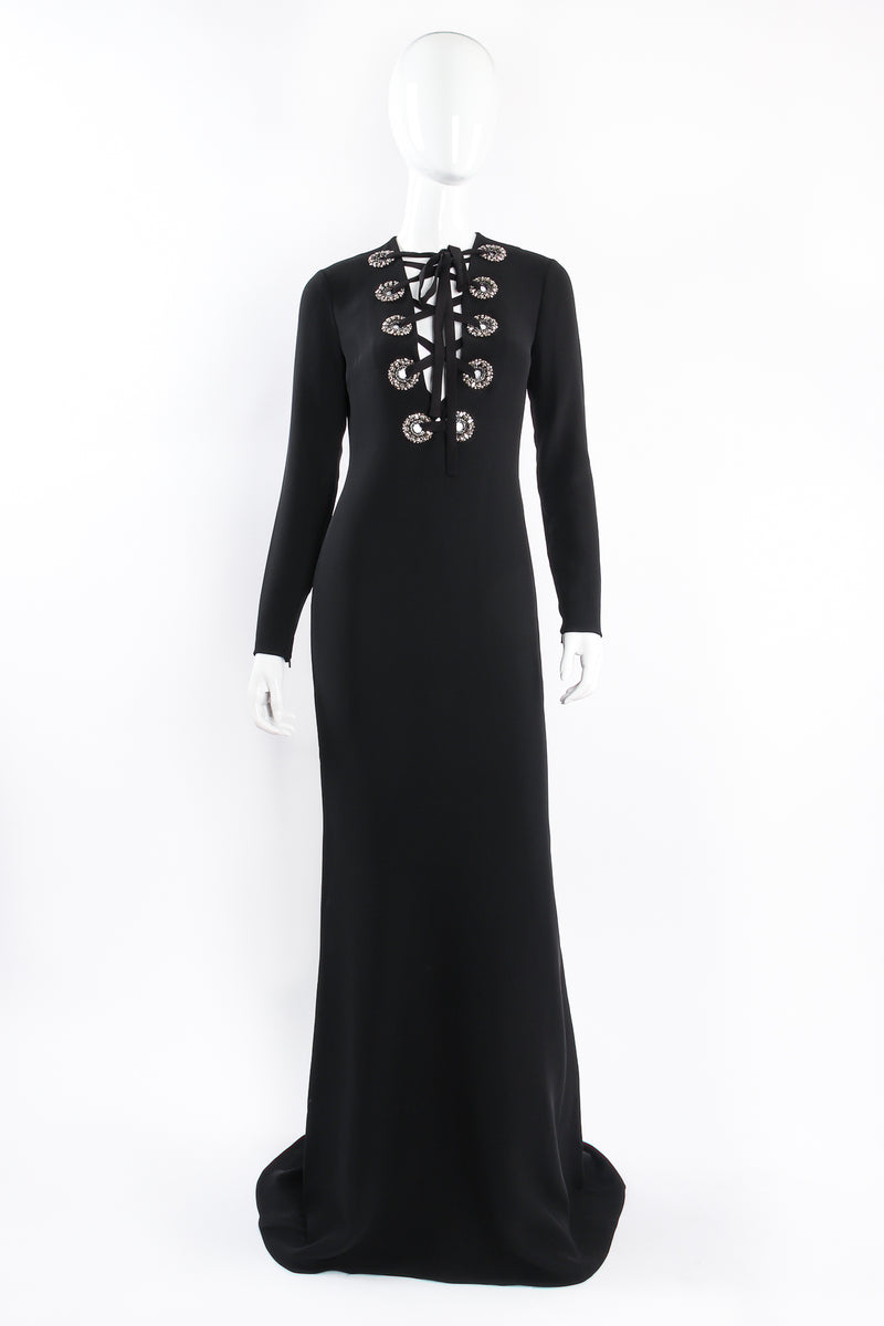 Vintage Gucci 2015 Rhinestone Lace-Front Gown on mannequin front at Recess Los Angeles