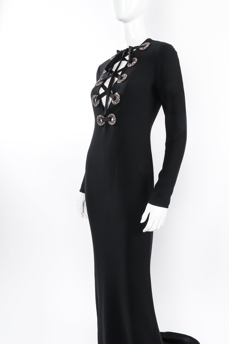 Vintage Gucci 2015 Rhinestone Lace-Front Gown on mannequin crop at Recess Los Angeles