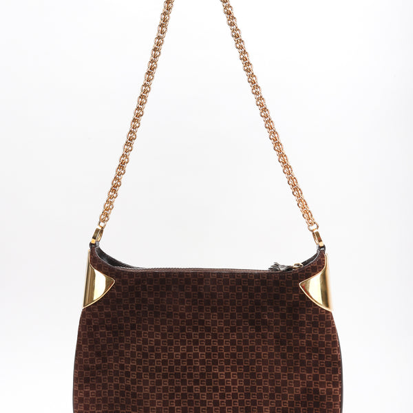 Vintage Gucci 1970s Suede Monogram Shoulder Bag Recess