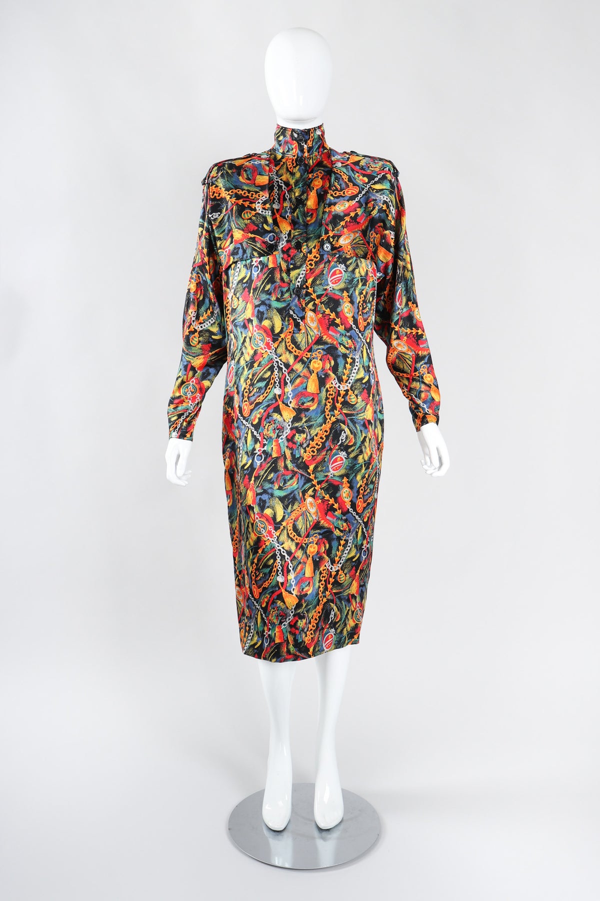 Vintage Gucci Chain Print Silk Trench Shift Shirt Dress Recess